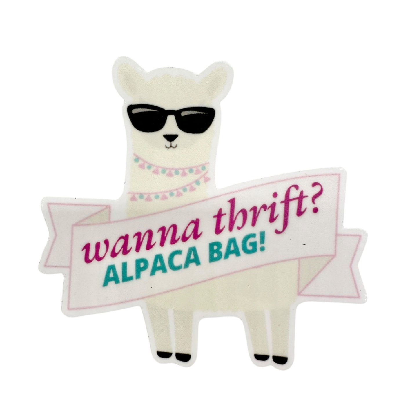 Thrifting Alpaca Sticker 2.5x2.5 Wanna Thrift? Alpaca Bag White Pink Teal