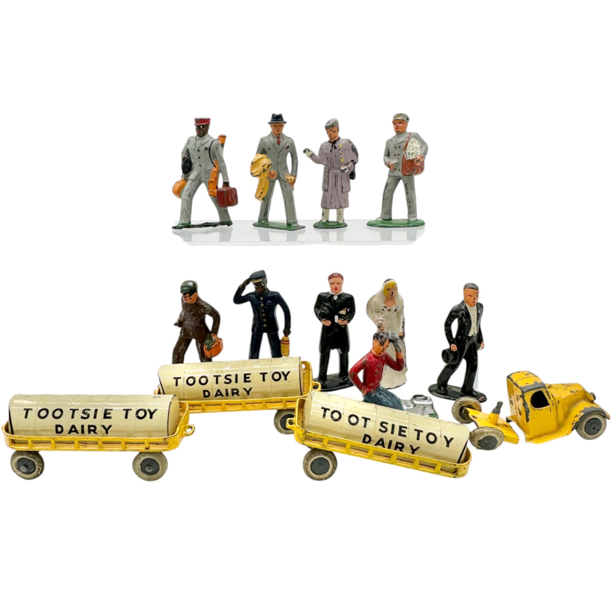 Vintage Lead Figures Barclays Numbered Plus Tootsie Toy Dairy Truck 3 Trailers