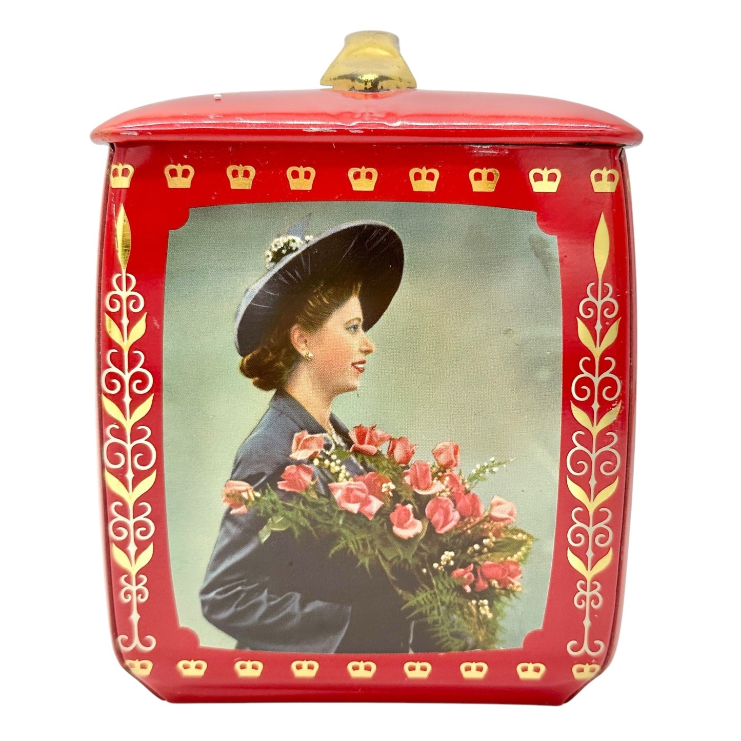Vintage Edward Sharp and Sons Red Tin Queen Elizabeth II Prince Philip Portraits