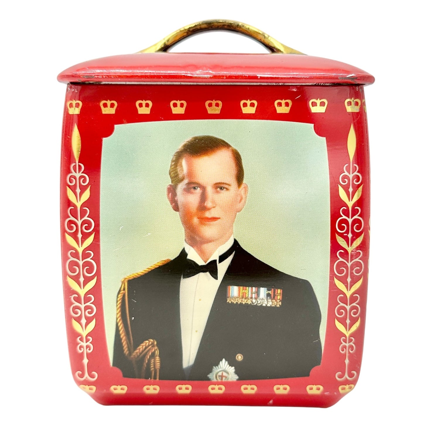 Vintage Edward Sharp and Sons Red Tin Queen Elizabeth II Prince Philip Portraits