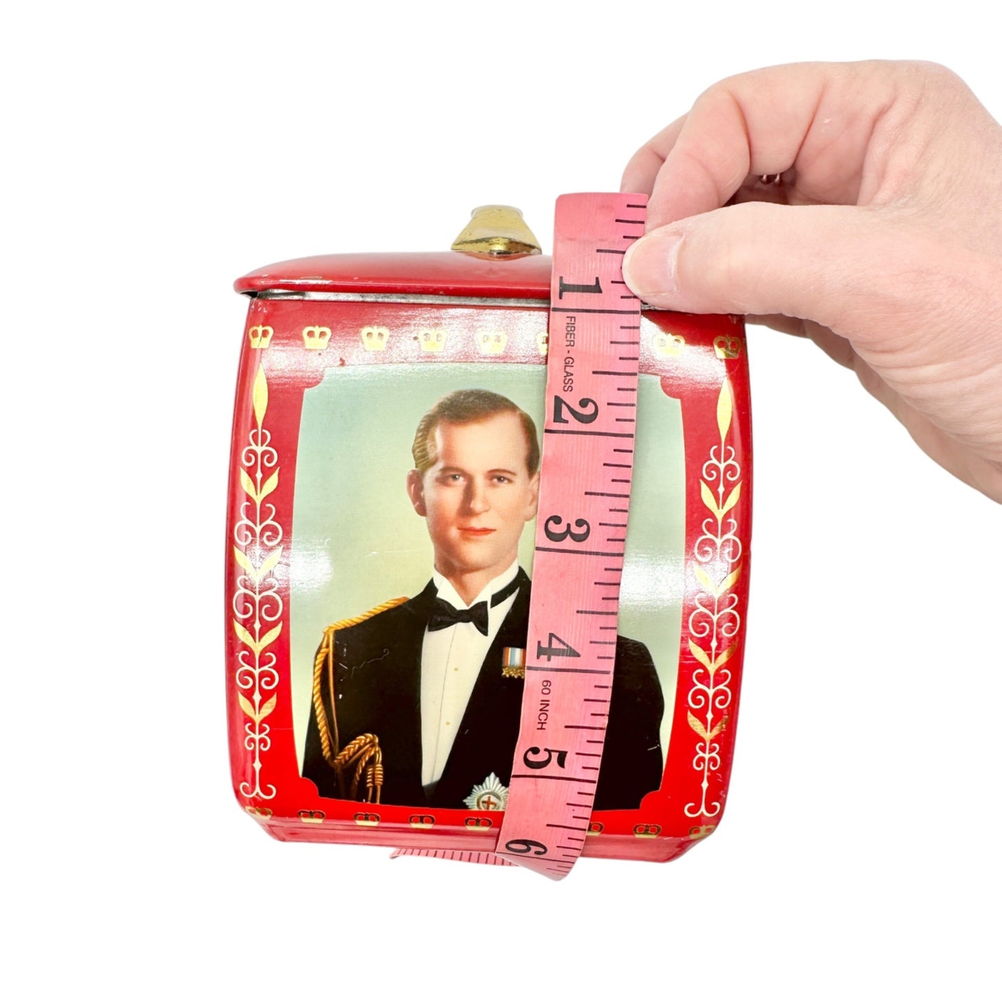 Vintage Edward Sharp and Sons Red Tin Queen Elizabeth II Prince Philip Portraits