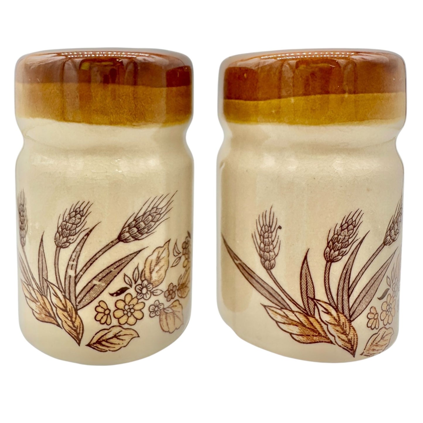 Vintage Ceramic Wheat Design Salt and Pepper Shakers Cork Stoppers Beige Brown