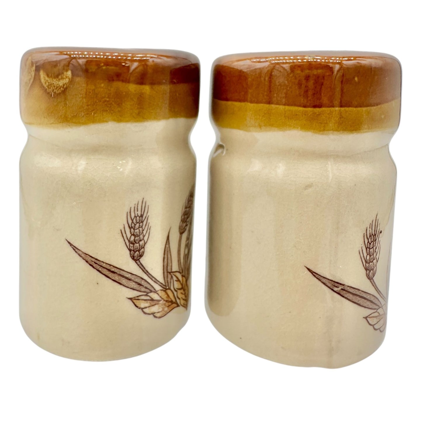 Vintage Ceramic Wheat Design Salt and Pepper Shakers Cork Stoppers Beige Brown