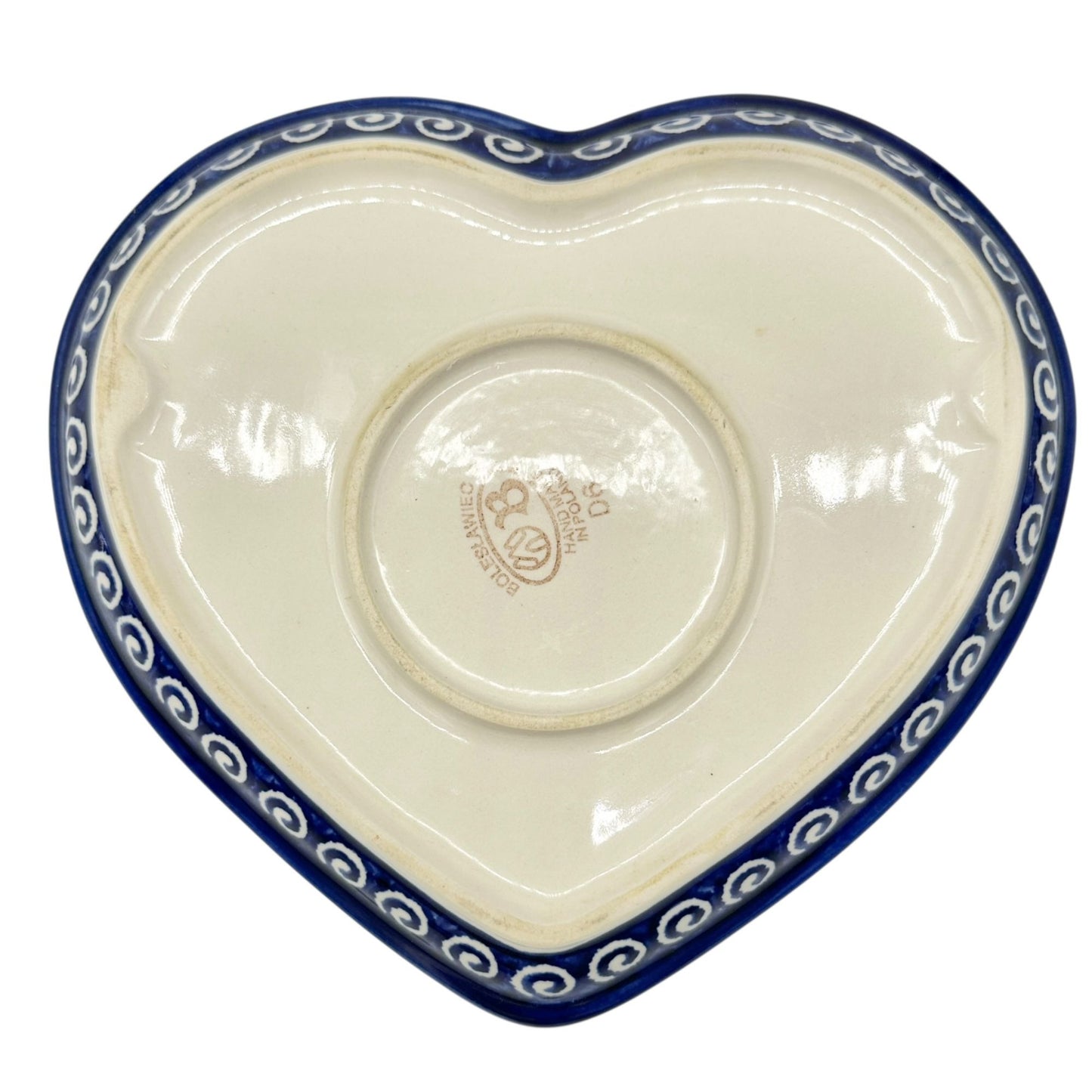 Handmade Boleslawiec Polish Pottery Heart-Shaped Plate Blue White Swirl Design
