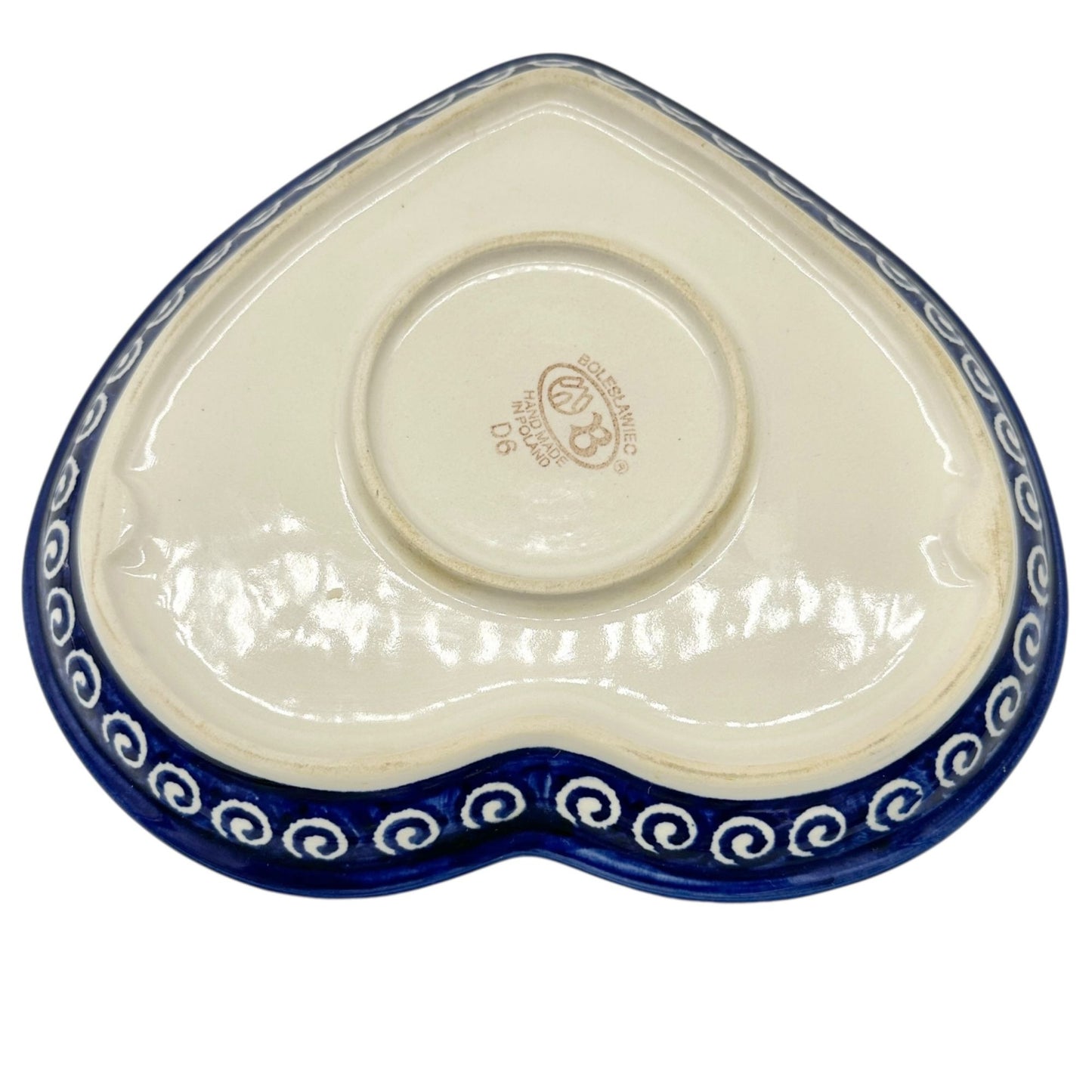Handmade Boleslawiec Polish Pottery Heart-Shaped Plate Blue White Swirl Design