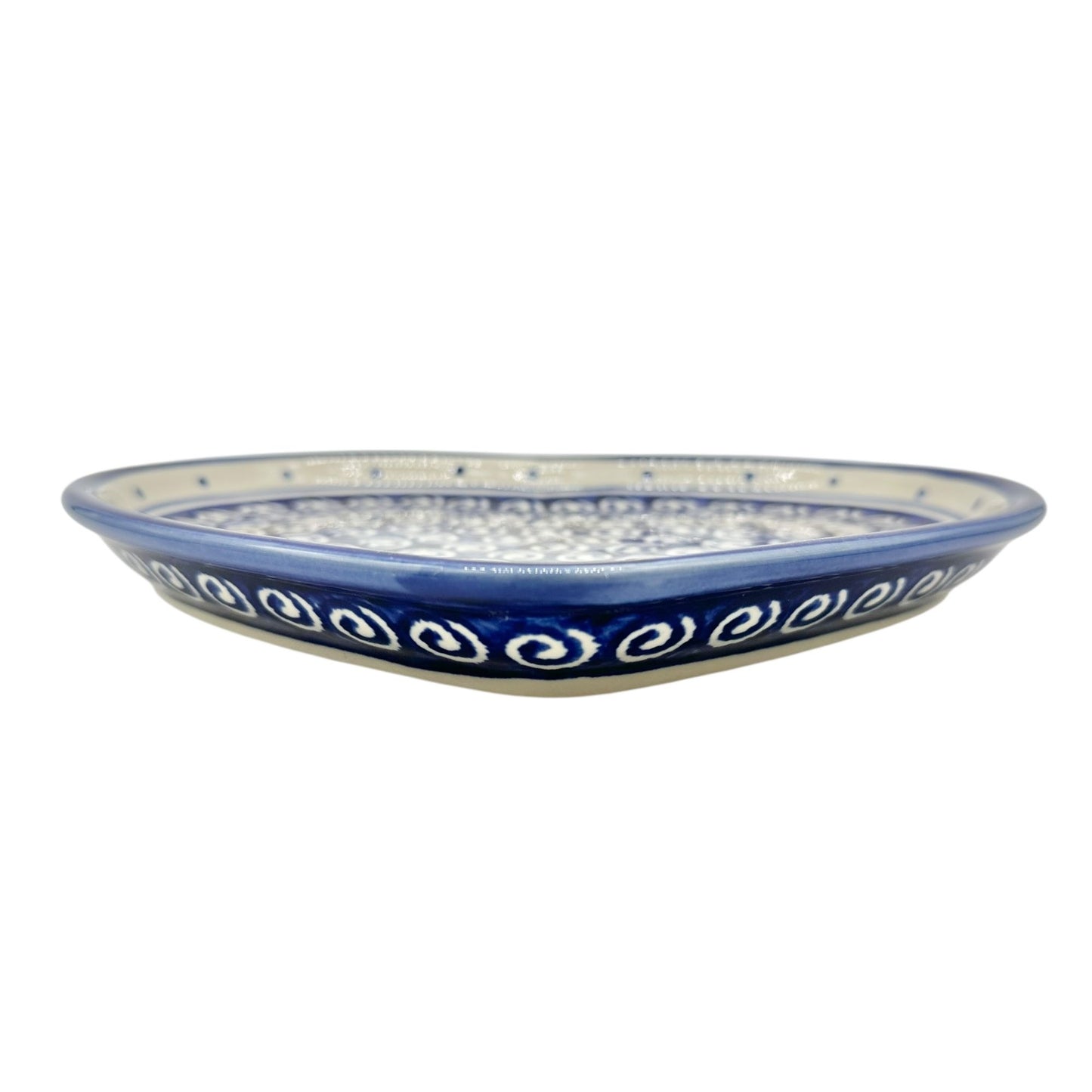 Handmade Boleslawiec Polish Pottery Heart-Shaped Plate Blue White Swirl Design