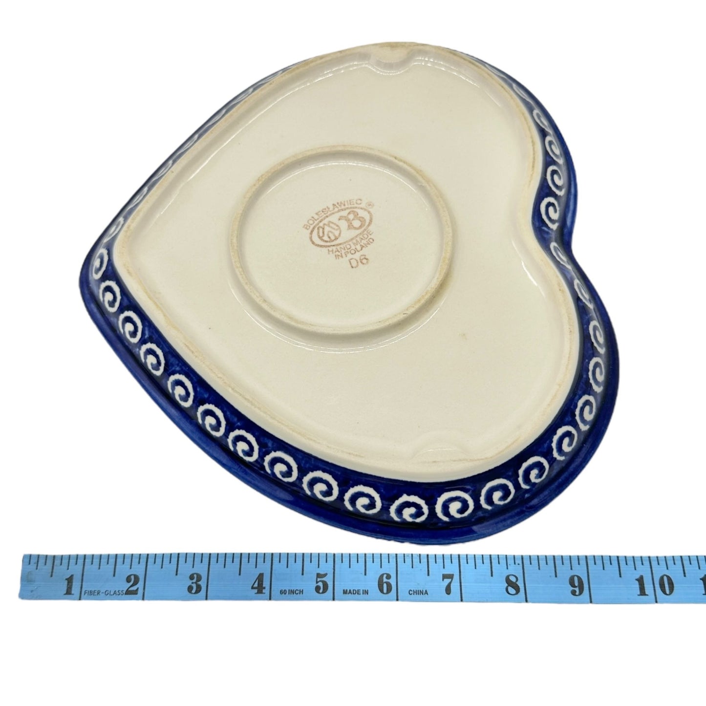 Handmade Boleslawiec Polish Pottery Heart-Shaped Plate Blue White Swirl Design