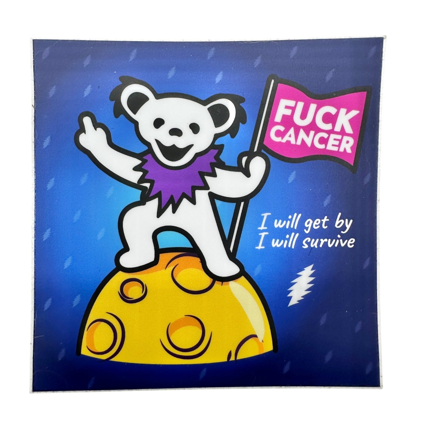 Motivational Cancer Survivor Sticker 4x4 Square Blue with White Bear Yellow Moon