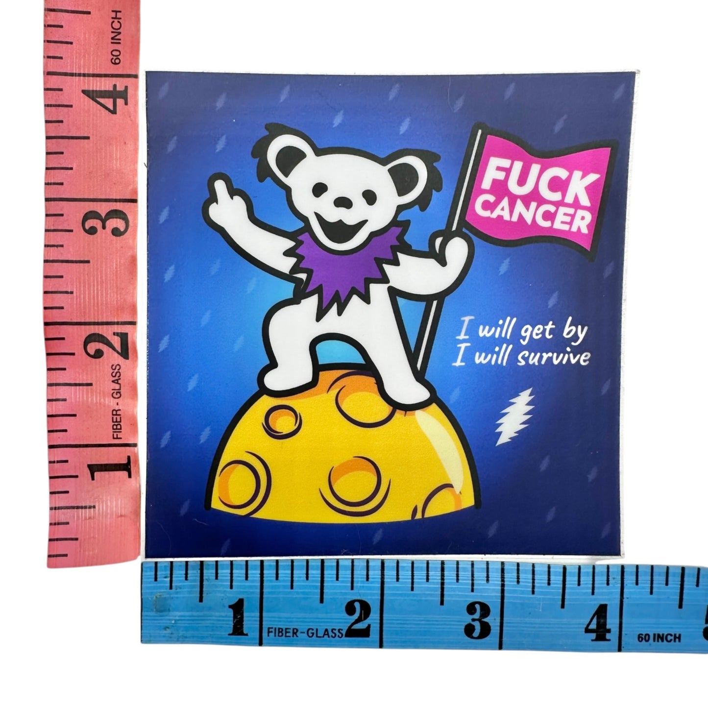 Motivational Cancer Survivor Sticker 4x4 Square Blue with White Bear Yellow Moon