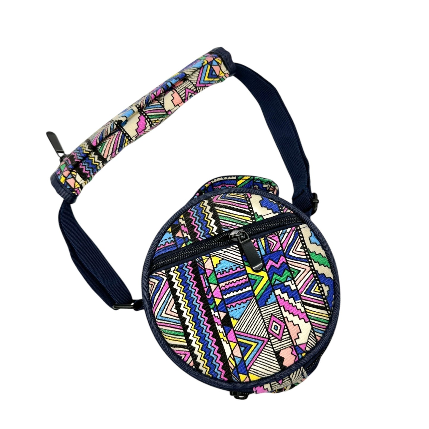 Round Crossbody Drum Bag Navy With Multicolor Aztec Pattern & Adjustable Strap