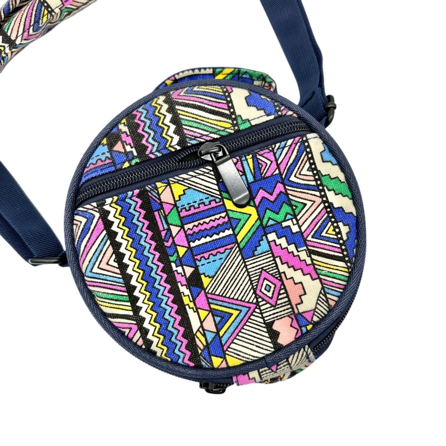 Round Crossbody Drum Bag Navy With Multicolor Aztec Pattern & Adjustable Strap