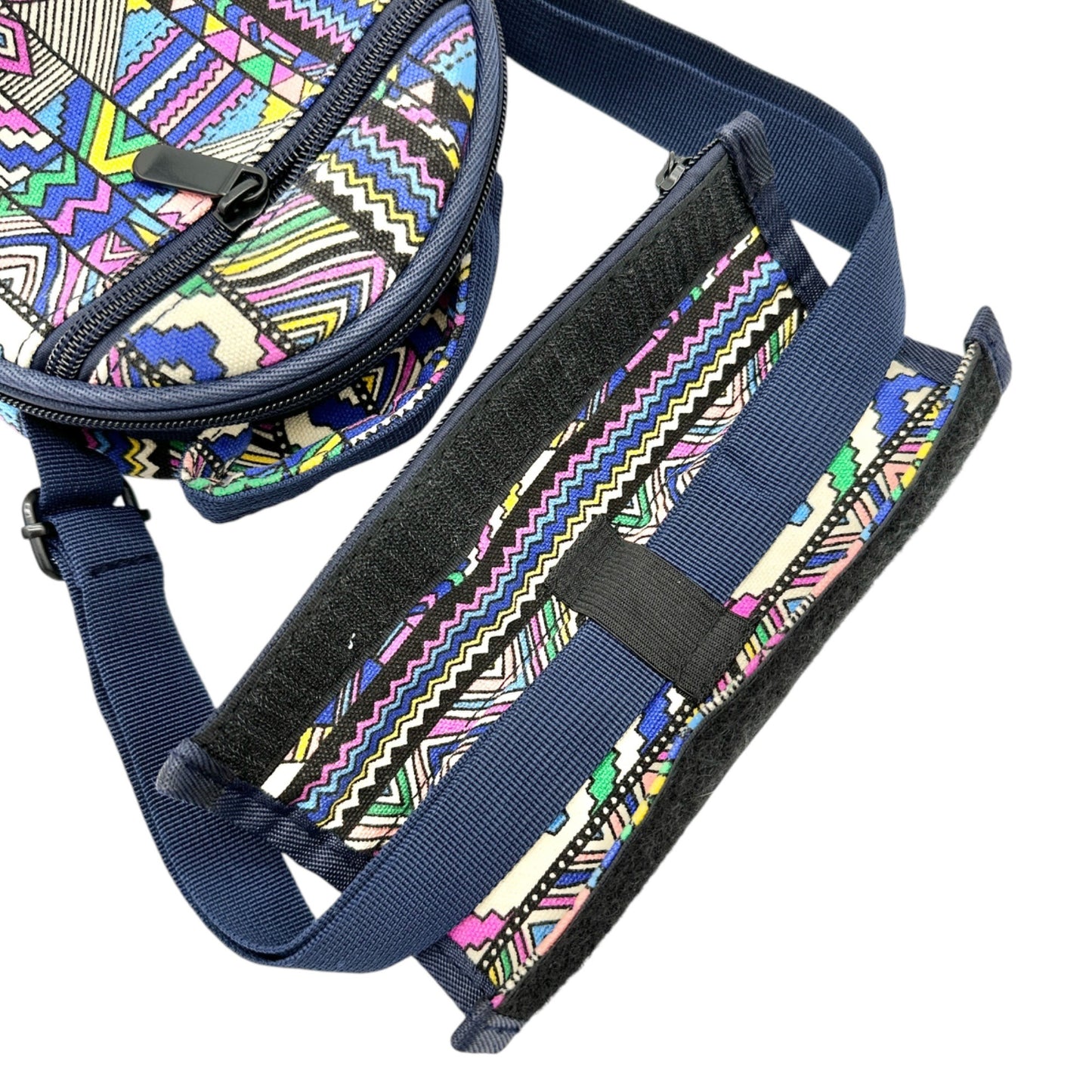 Round Crossbody Drum Bag Navy With Multicolor Aztec Pattern & Adjustable Strap