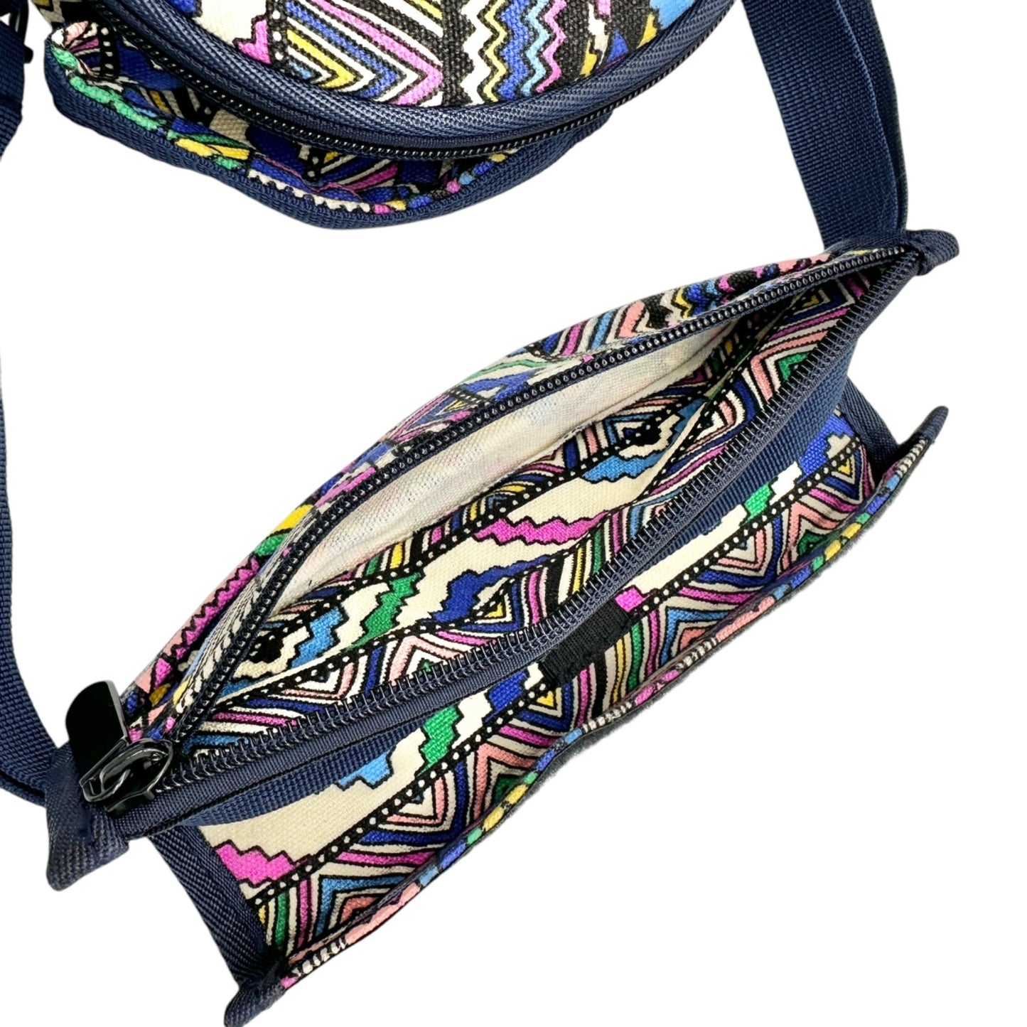 Round Crossbody Drum Bag Navy With Multicolor Aztec Pattern & Adjustable Strap