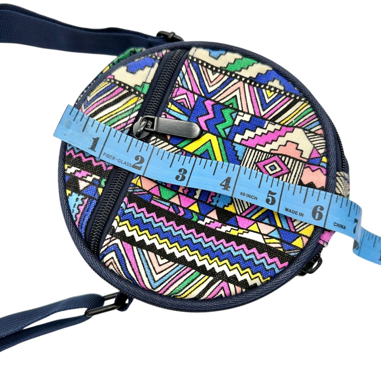 Round Crossbody Drum Bag Navy With Multicolor Aztec Pattern & Adjustable Strap