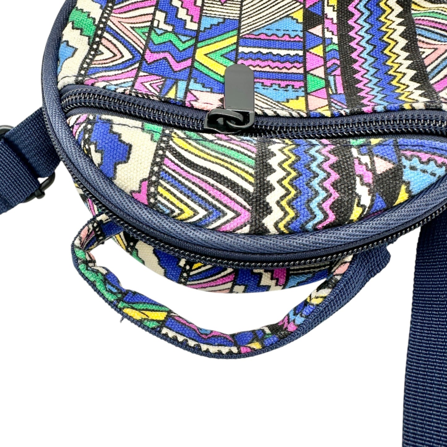 Round Crossbody Drum Bag Navy With Multicolor Aztec Pattern & Adjustable Strap