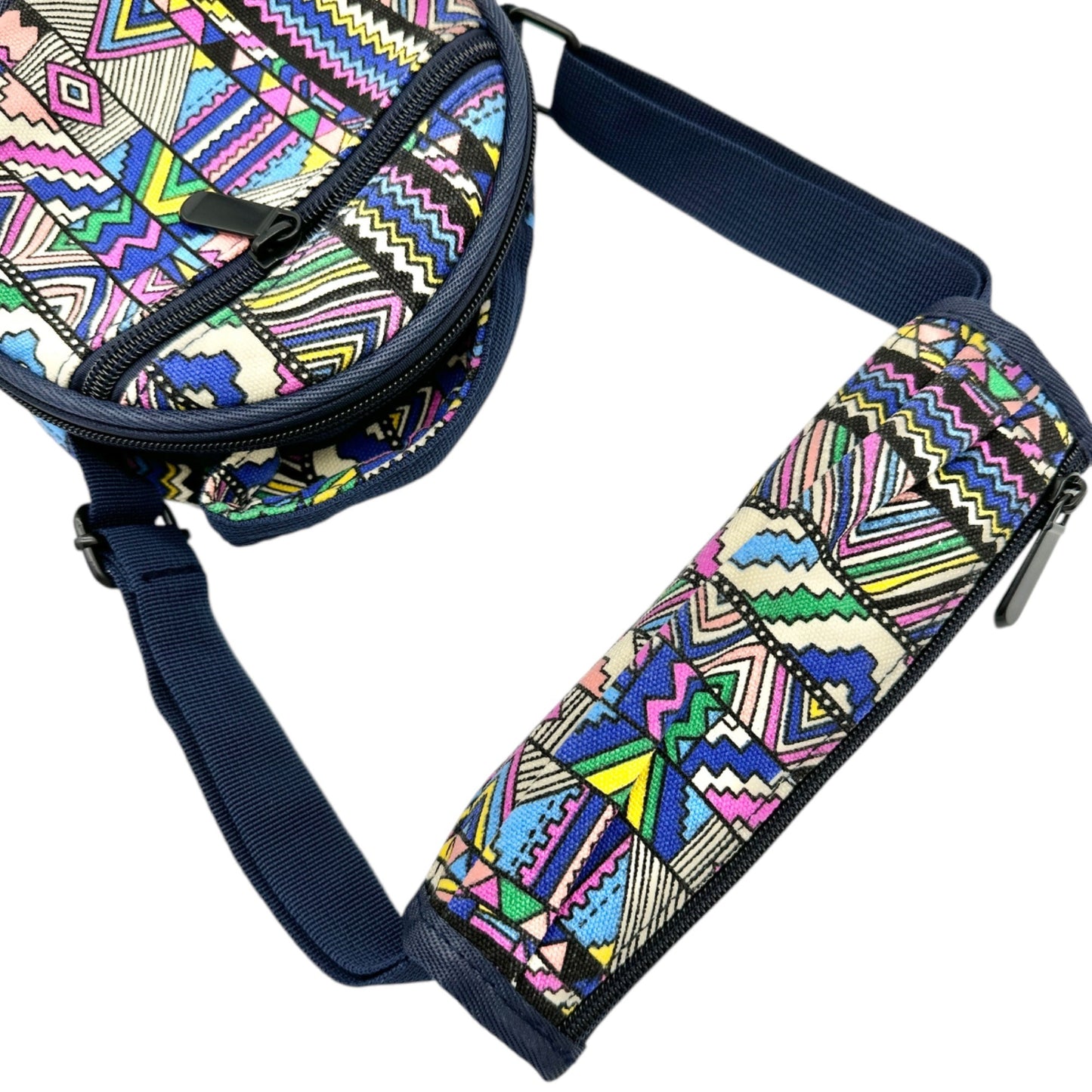 Round Crossbody Drum Bag Navy With Multicolor Aztec Pattern & Adjustable Strap