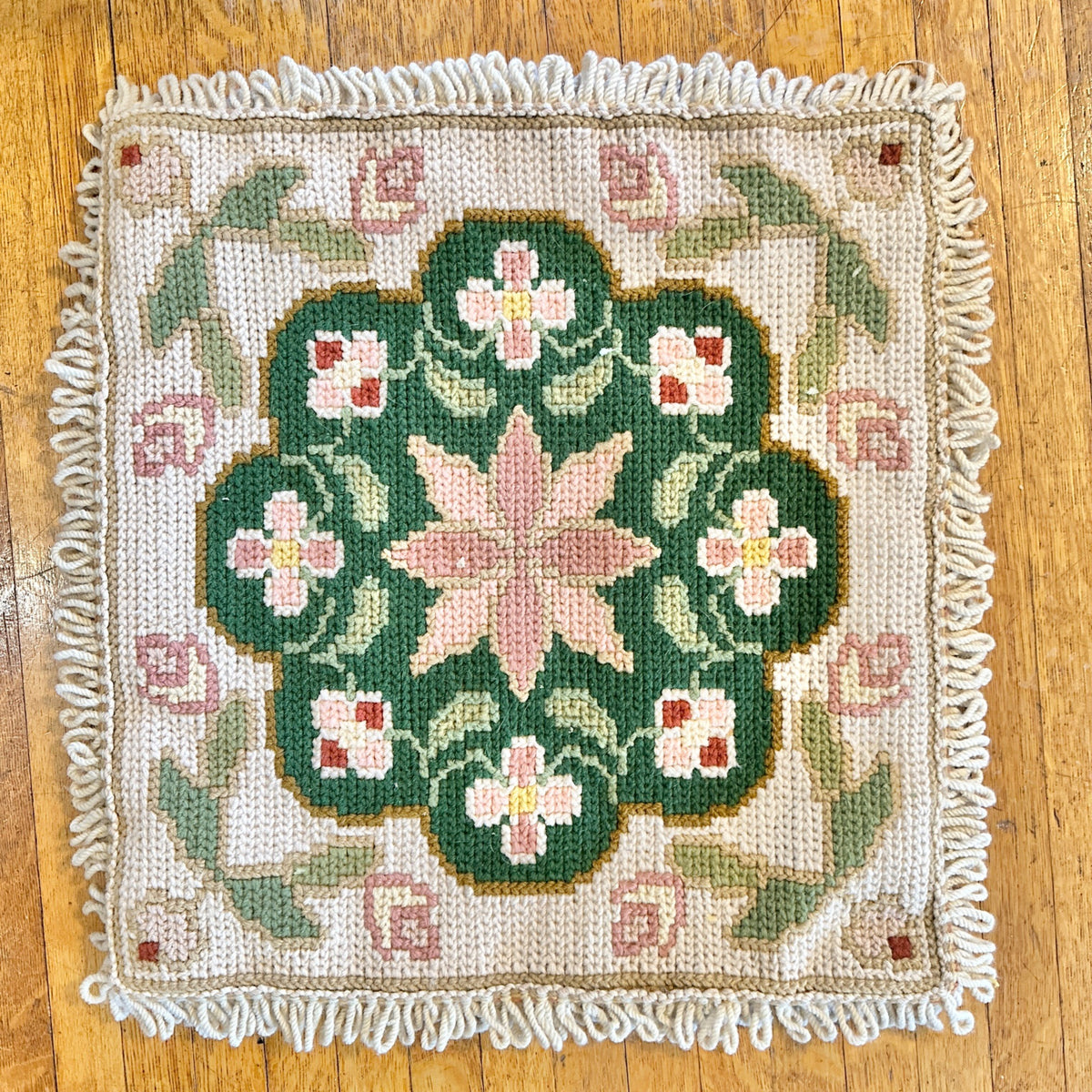 Handmade Portuguese Needlepoint Pillow Covers Set of 4 Wool Burlap Fringe 17x17
