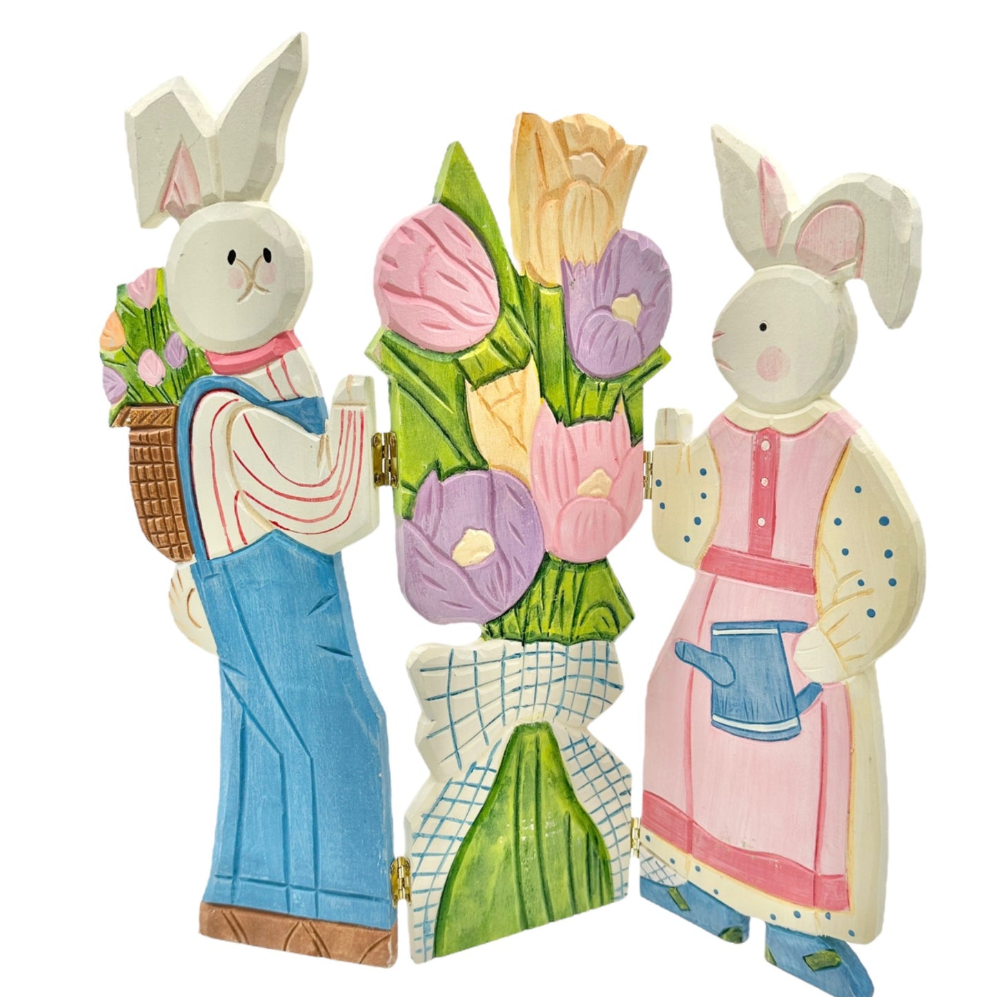Hand-Painted Wooden Bunny Couple Foldable Décor Screen Colorful Floral Easter