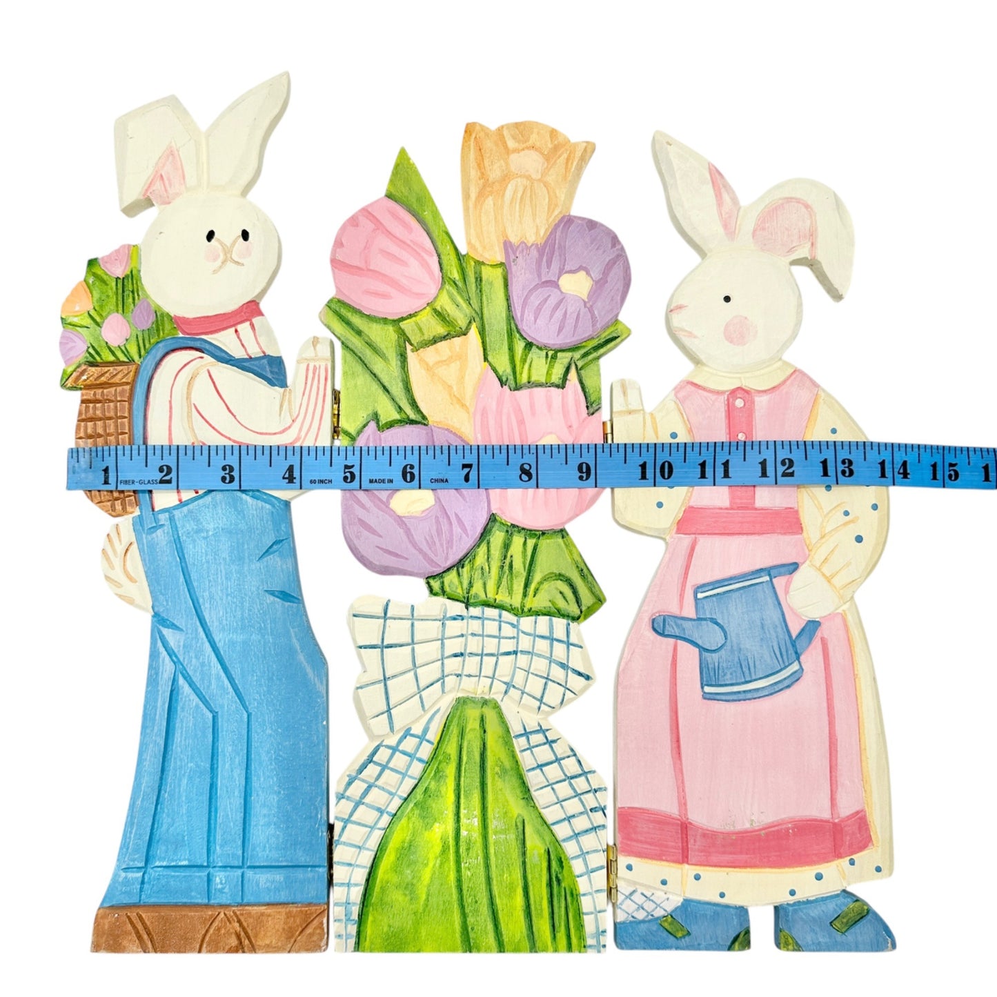 Hand-Painted Wooden Bunny Couple Foldable Décor Screen Colorful Floral Easter