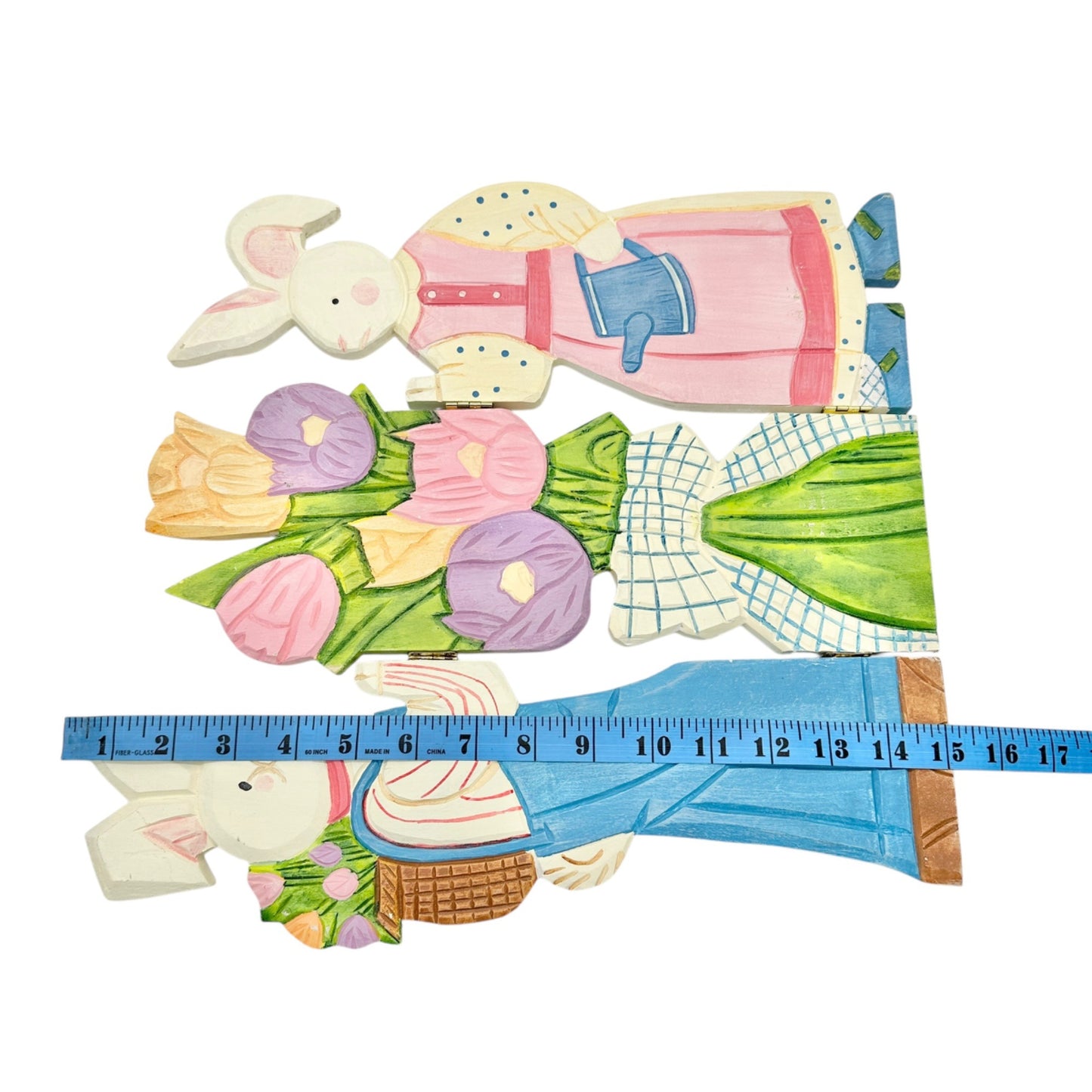 Hand-Painted Wooden Bunny Couple Foldable Décor Screen Colorful Floral Easter