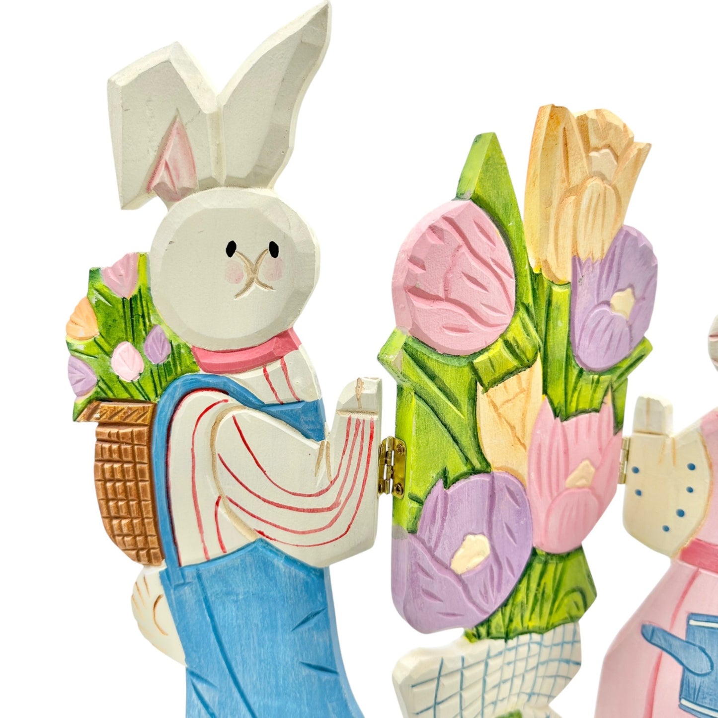 Hand-Painted Wooden Bunny Couple Foldable Décor Screen Colorful Floral Easter