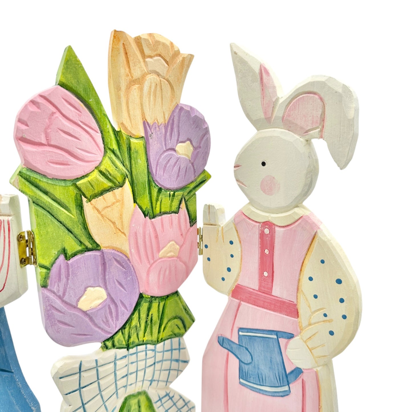Hand-Painted Wooden Bunny Couple Foldable Décor Screen Colorful Floral Easter