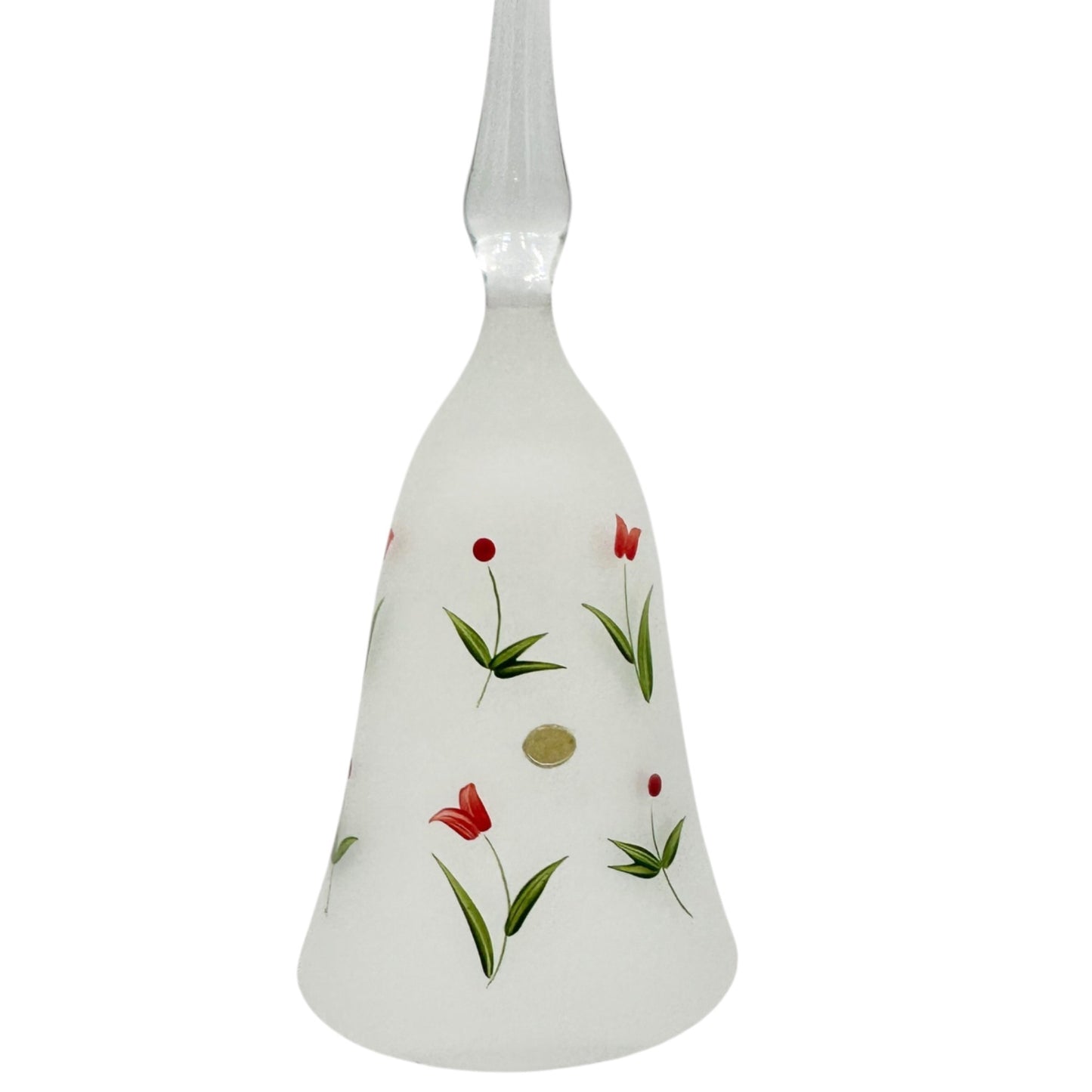 Hand Painted Frosted Glass Bell Red Tulips Green Leaves Made in Hungary 8.5"H