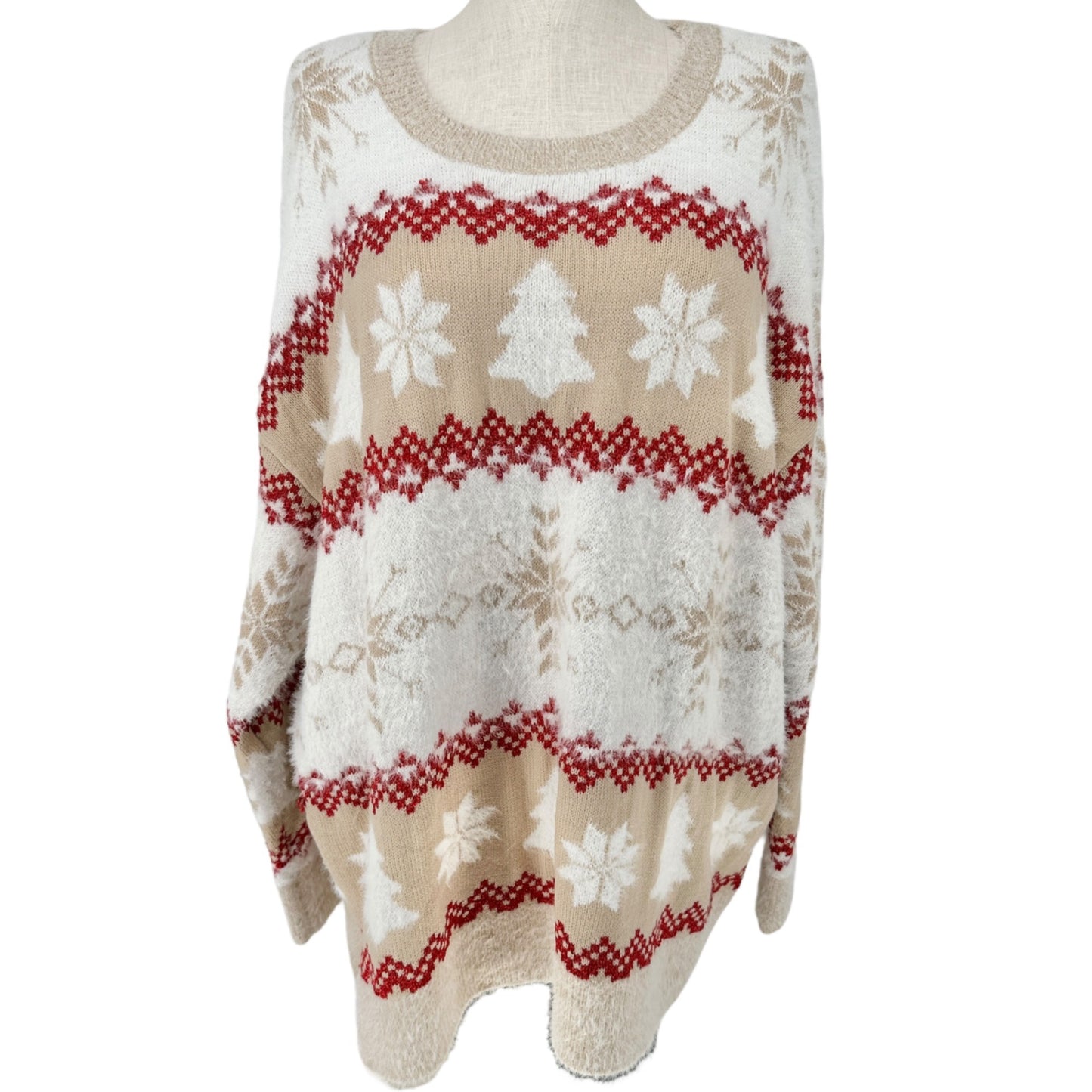 Holiday Time Sweater Womens 3X (24W-26W) Beige Red White Christmas Snowflake