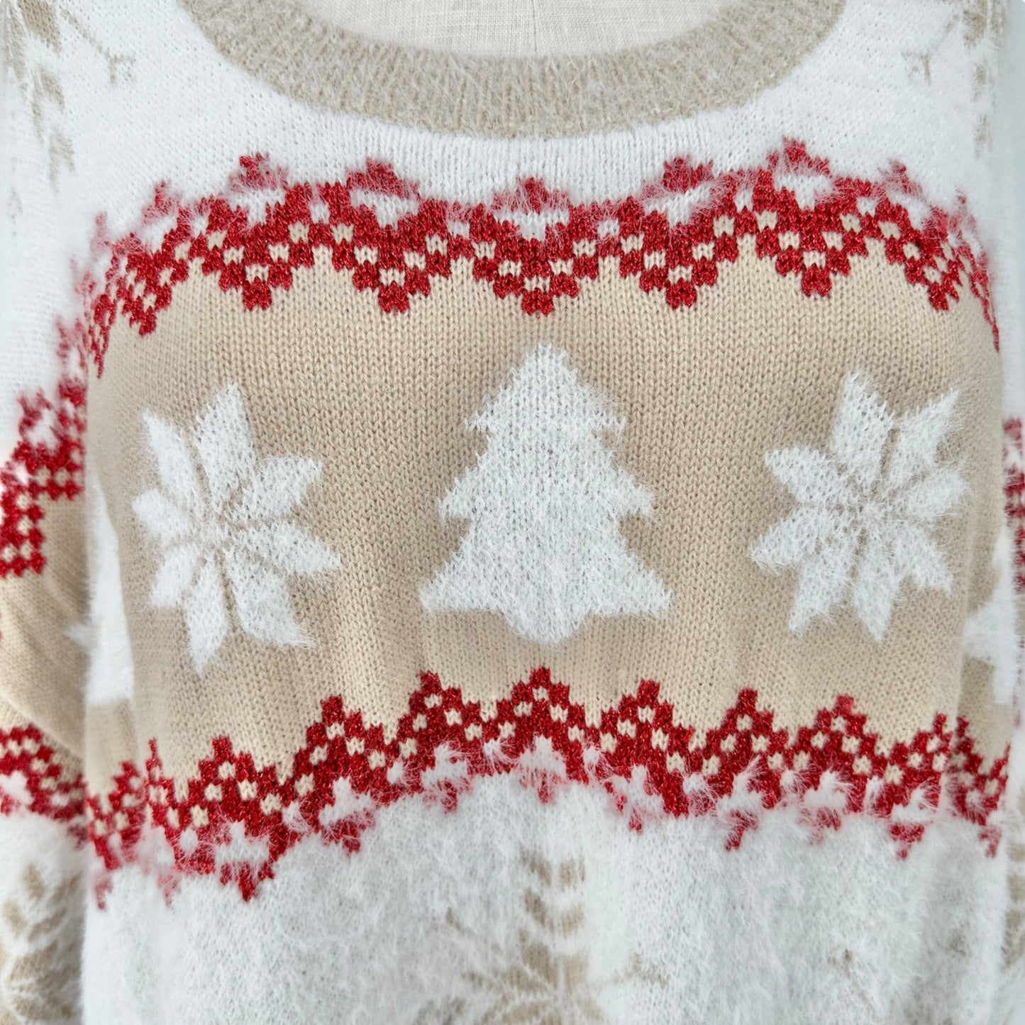 Holiday Time Sweater Womens 3X (24W-26W) Beige Red White Christmas Snowflake