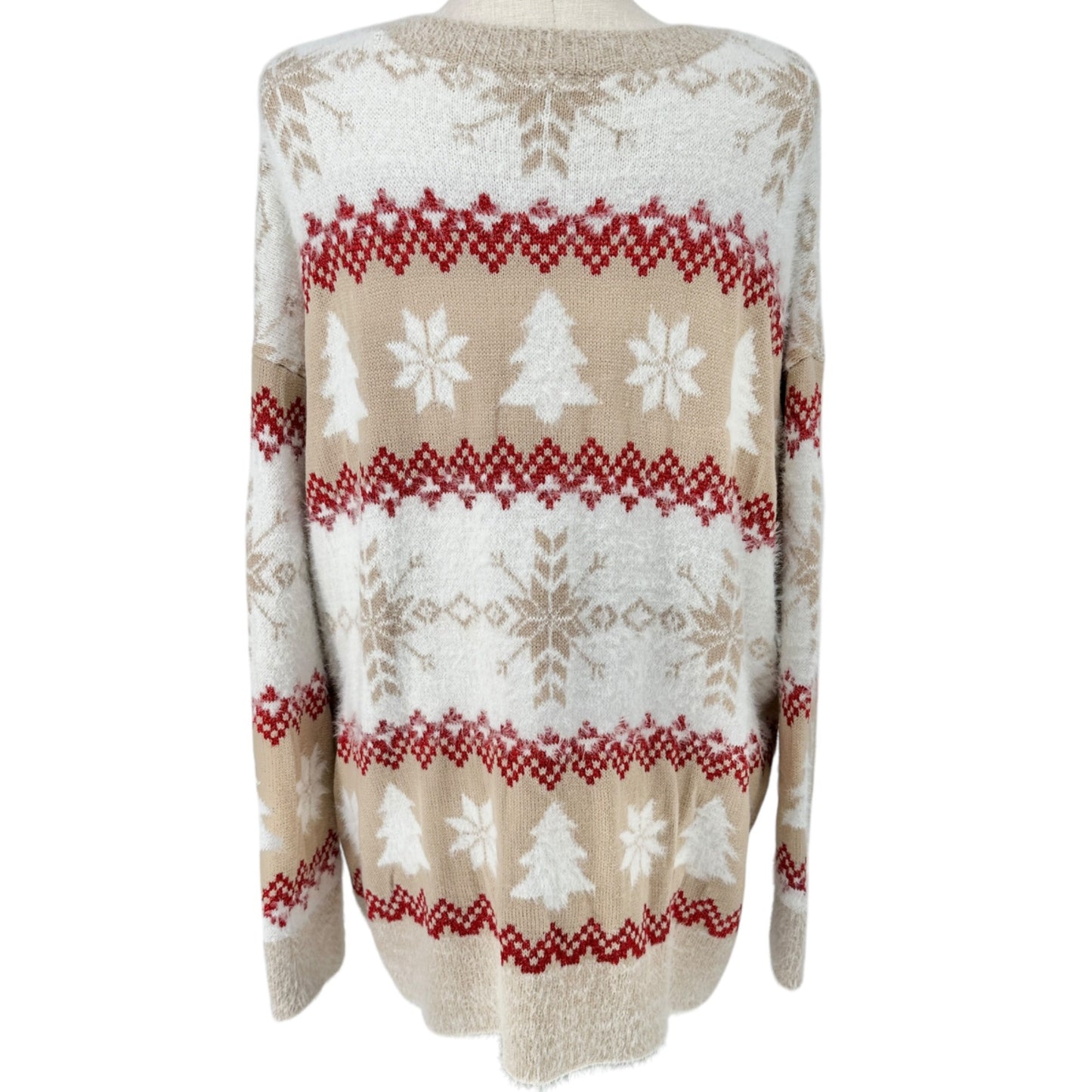 Holiday Time Sweater Womens 3X (24W-26W) Beige Red White Christmas Snowflake