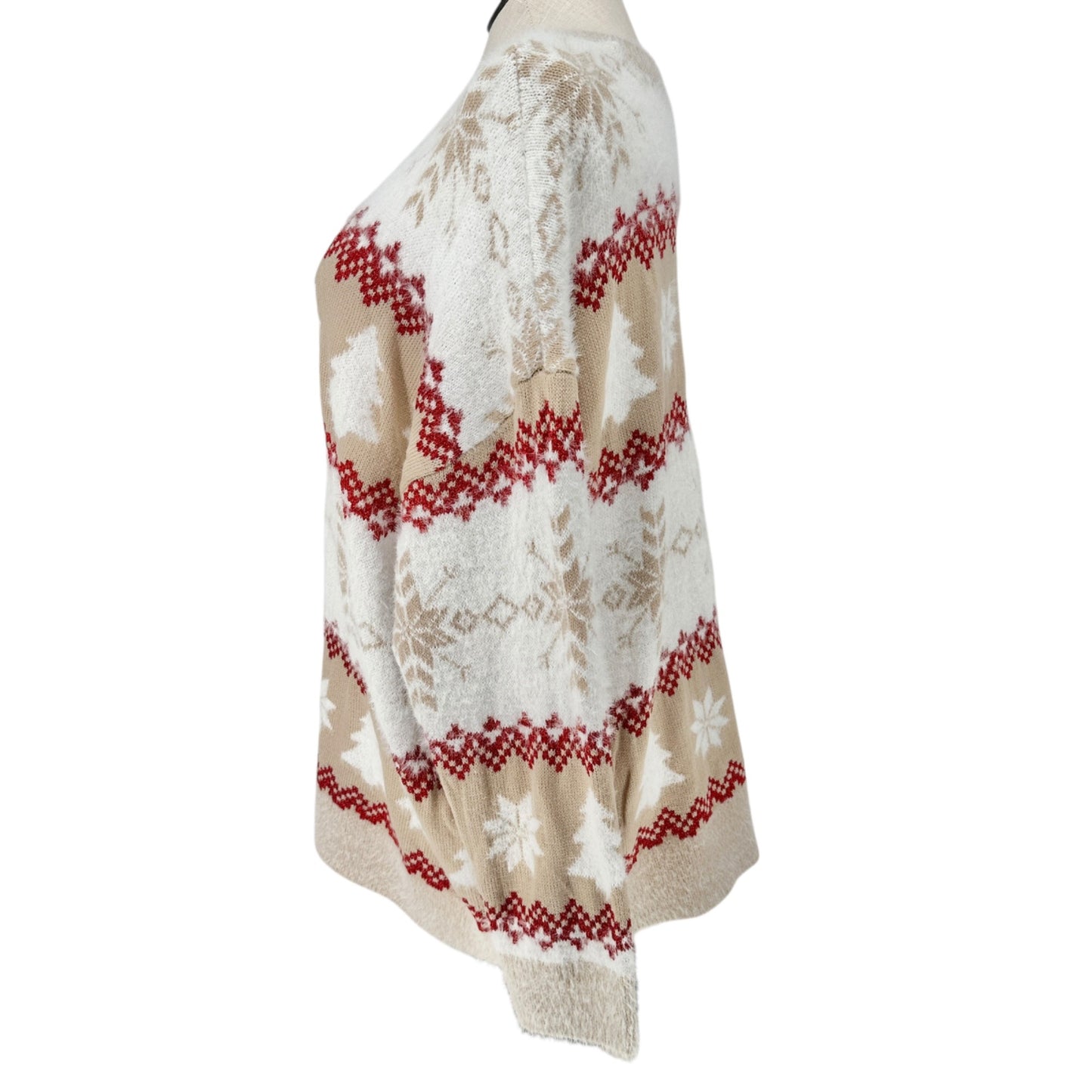 Holiday Time Sweater Womens 3X (24W-26W) Beige Red White Christmas Snowflake