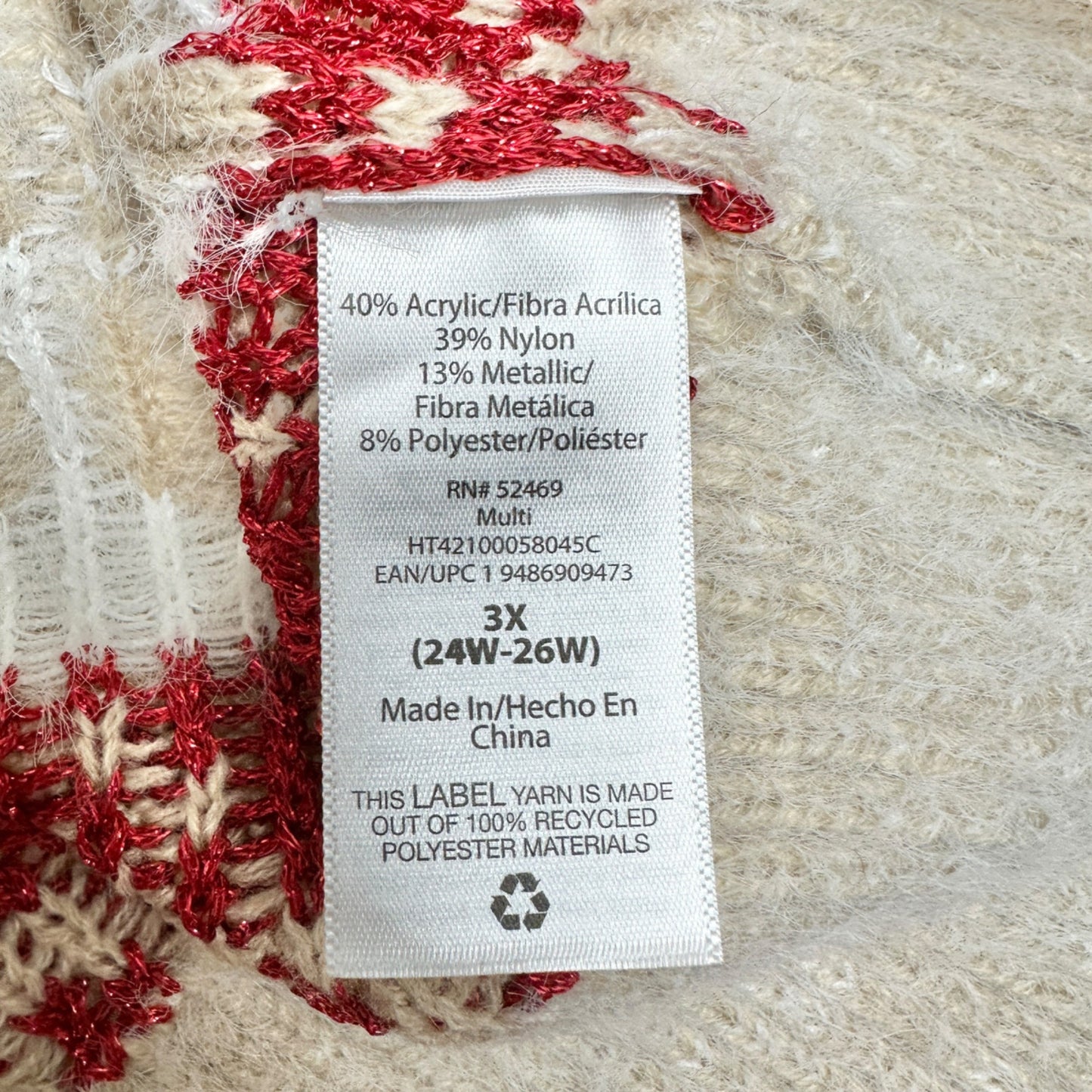 Holiday Time Sweater Womens 3X (24W-26W) Beige Red White Christmas Snowflake