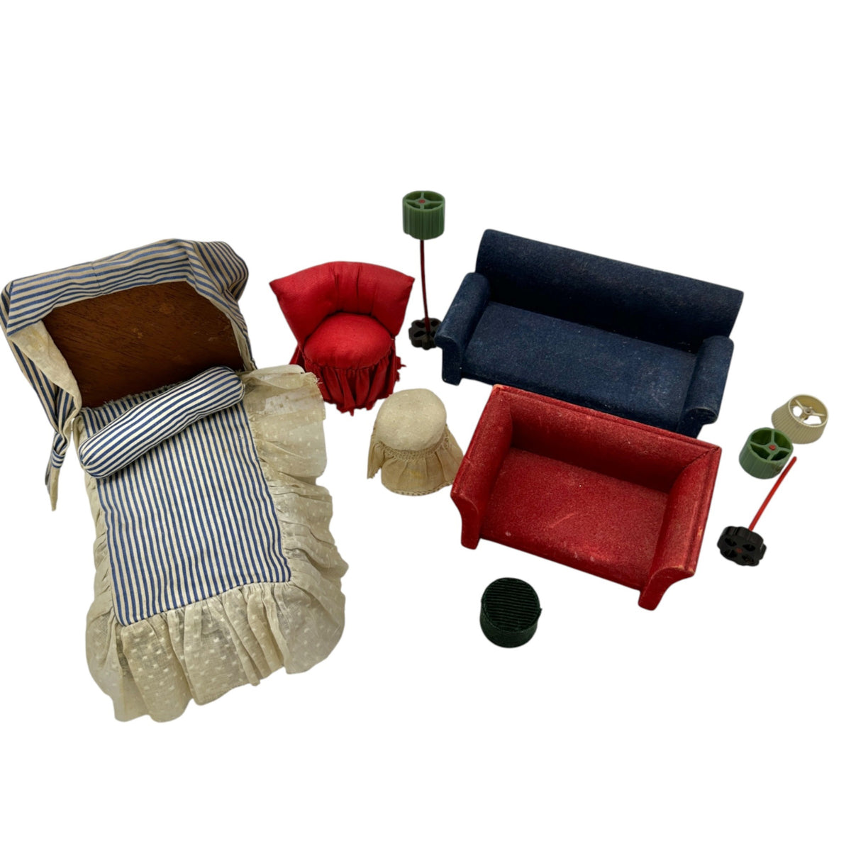 Vintage 1940s Dollhouse Furniture Set Mostly Handcrafted Bed Sofa Chair Lamps