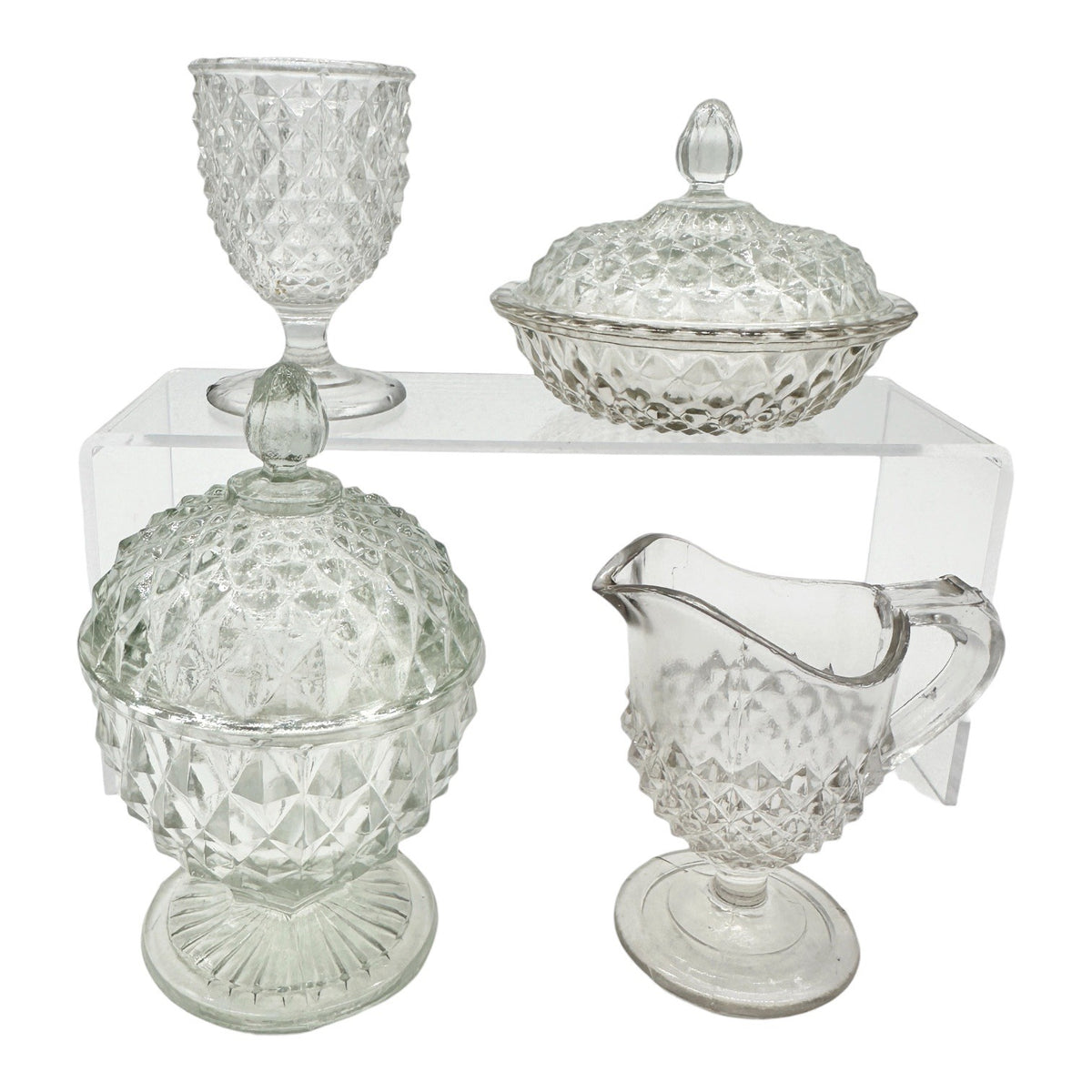 Vintage Pressed Sawtooth Glass 4pc Childrens Tableware Set TS-45 Smooth Top