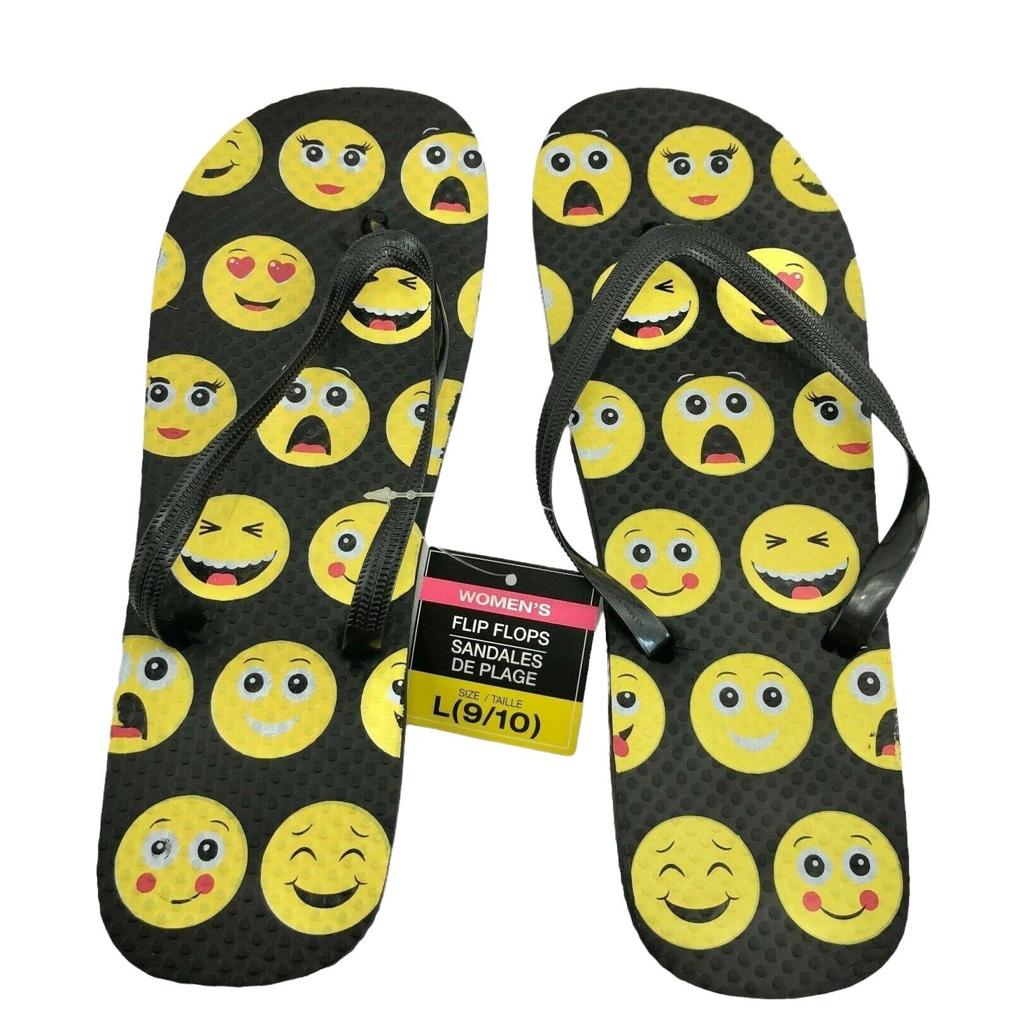 Flip Flops Emojis Womens L (9-10) Black and Yellow NEW beach pool camping casual Summer