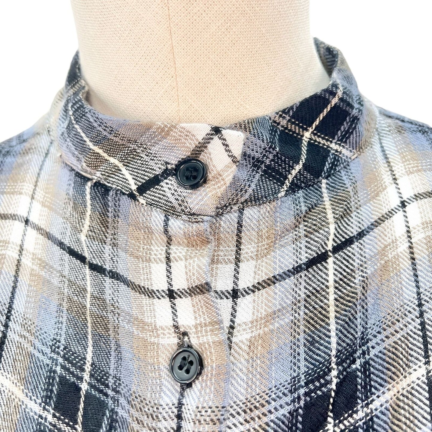 Elan Women's Small Blue Plaid LS Rayon High Low Button Up Mock Neck Top