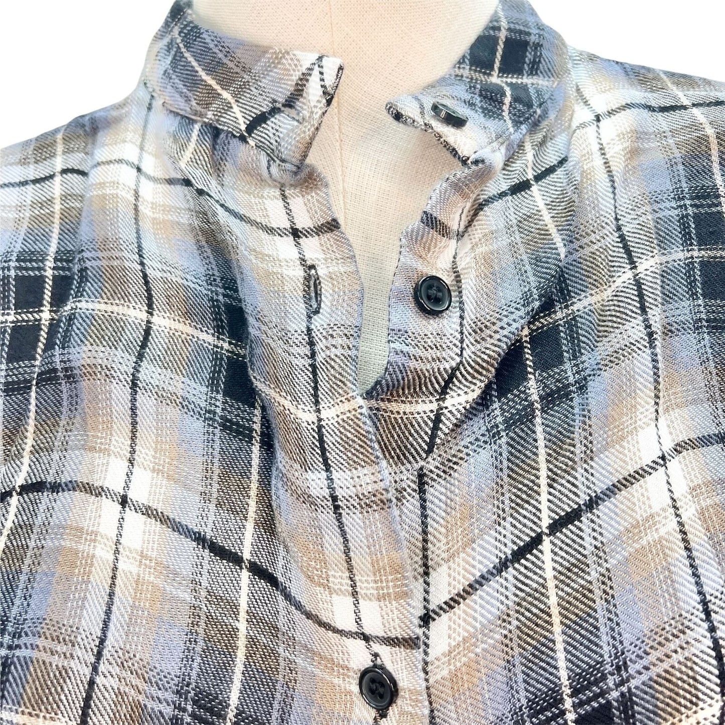 Elan Women's Small Blue Plaid LS Rayon High Low Button Up Mock Neck Top