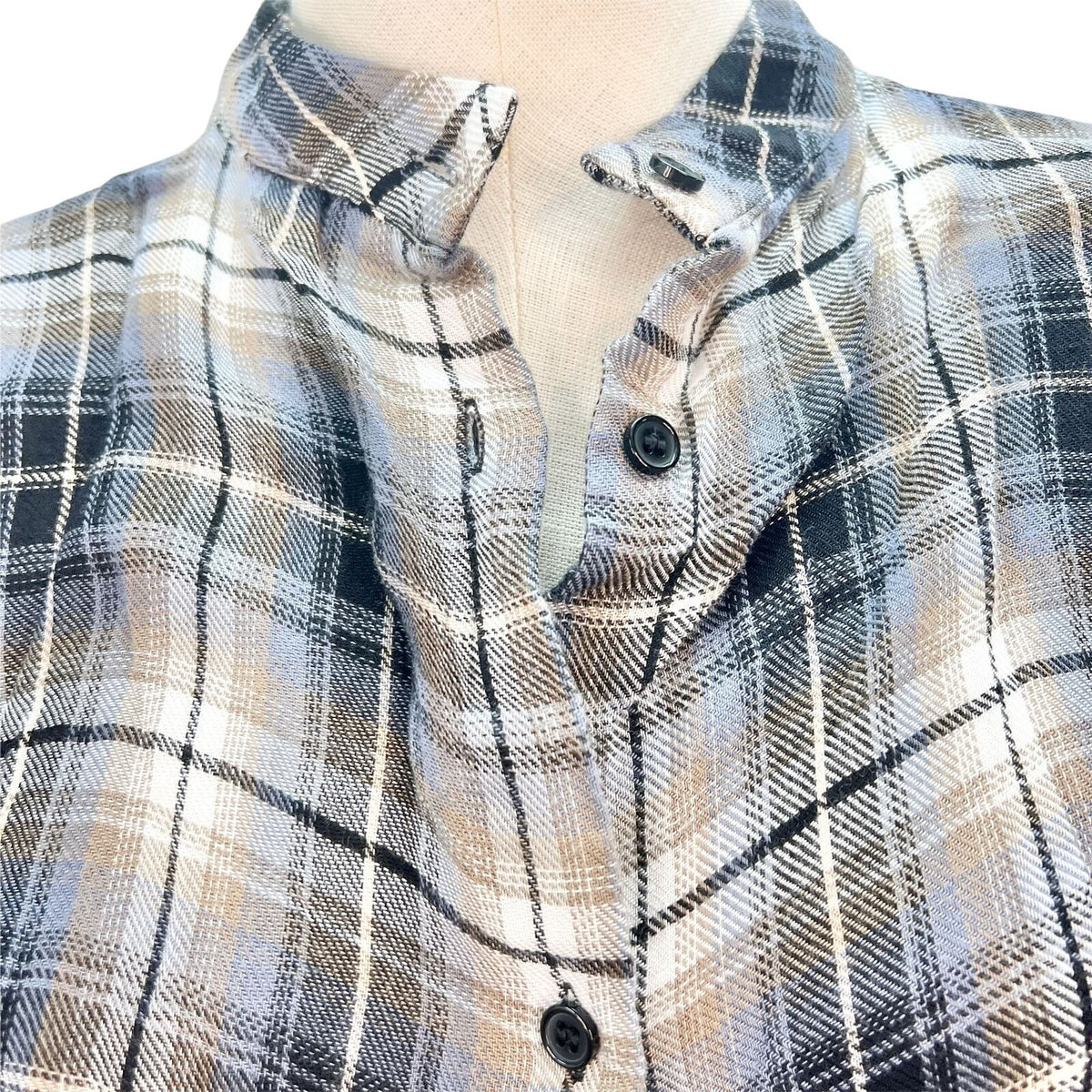 Elan Women's Small Blue Plaid LS Rayon High Low Button Up Mock Neck Top