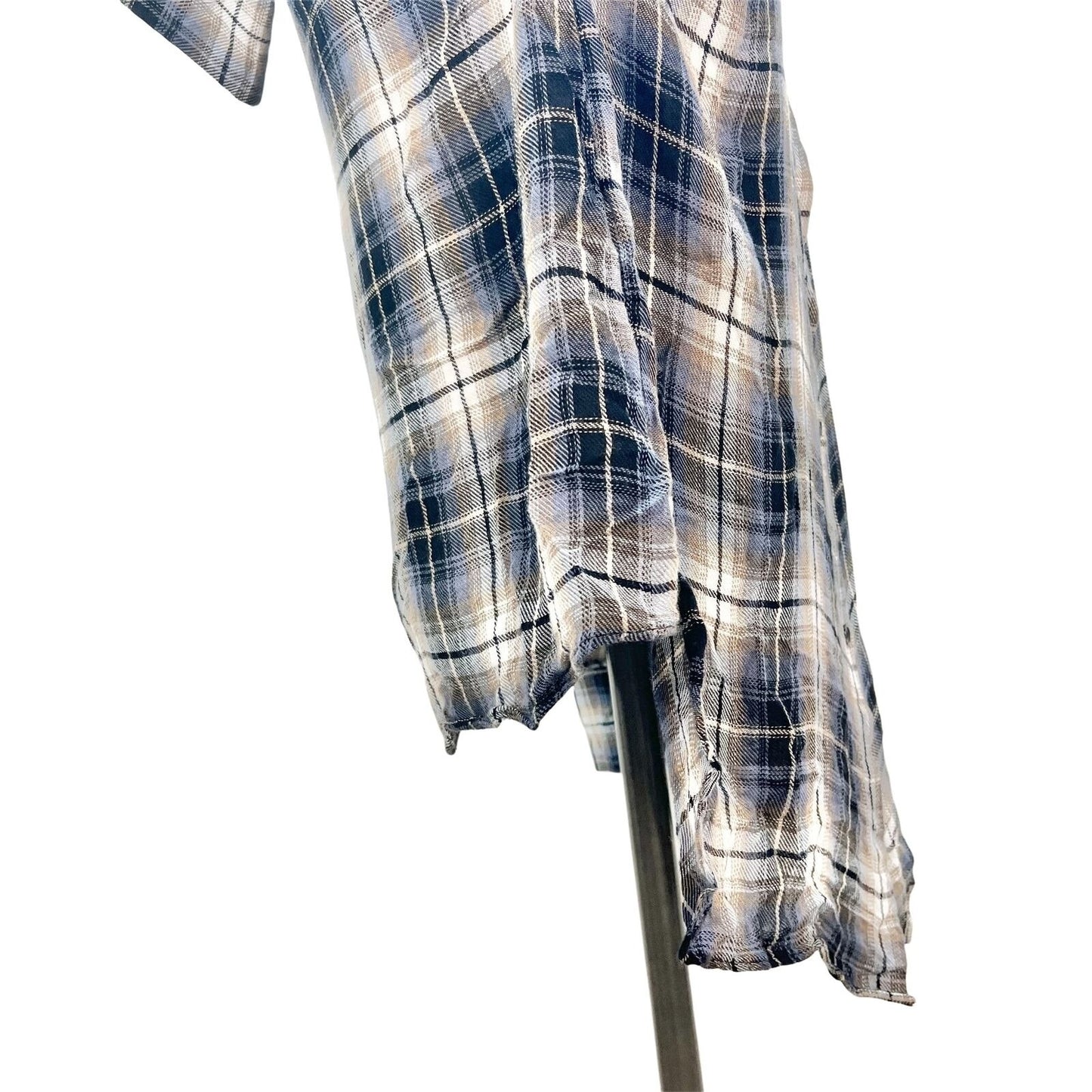 Elan Women's Small Blue Plaid LS Rayon High Low Button Up Mock Neck Top
