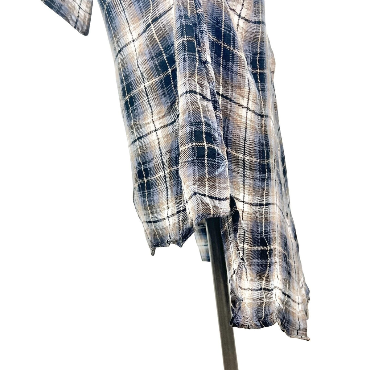 Elan Women's Small Blue Plaid LS Rayon High Low Button Up Mock Neck Top