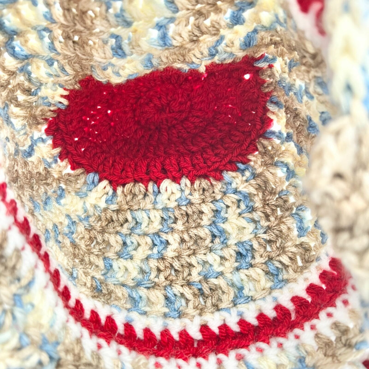 Crochet Hat Blues Browns Red with Ear Flaps and Ties and Pom Pom
