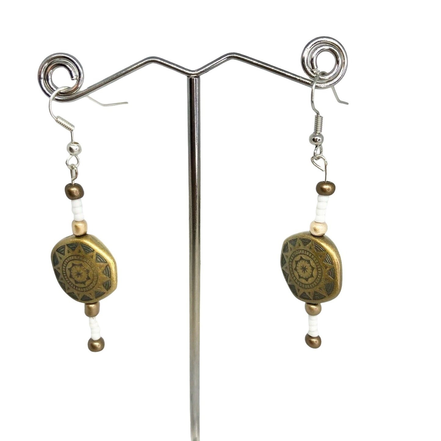 Handcrafted Beaded Earrings Golden Sun Beads & White Beads Jewelry NEW