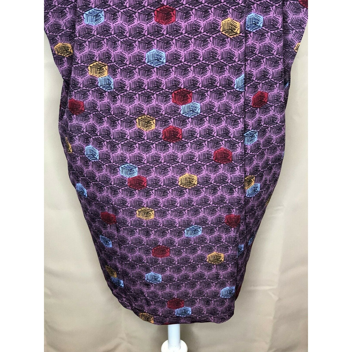 LuLaRoe Irma XXS Purple Geometric Print Short Sleeve Tunic Top Hi Low Hem