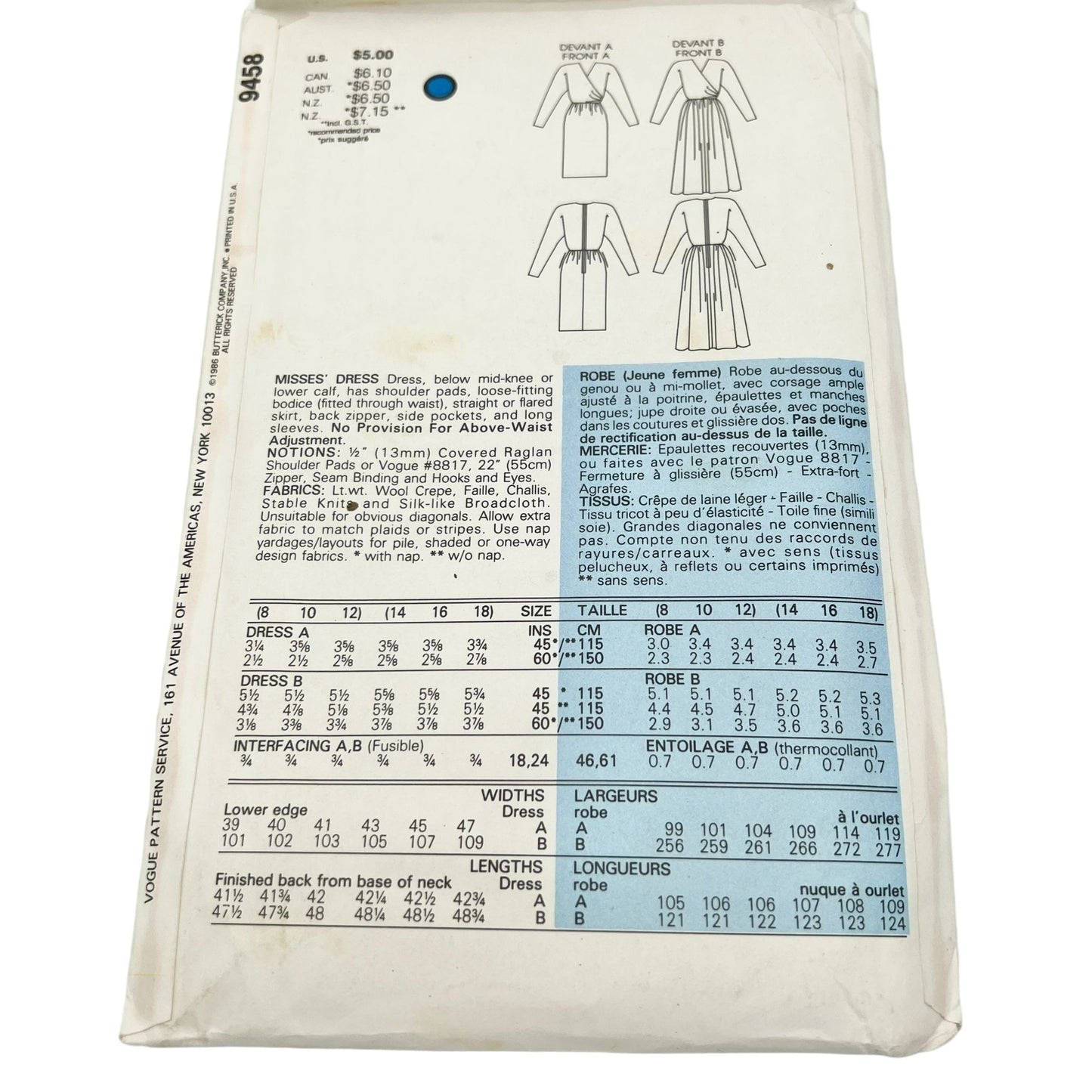 Very Easy Very Vogue 9458 Misses Dress Size 8-10-12 Pattern Uncut