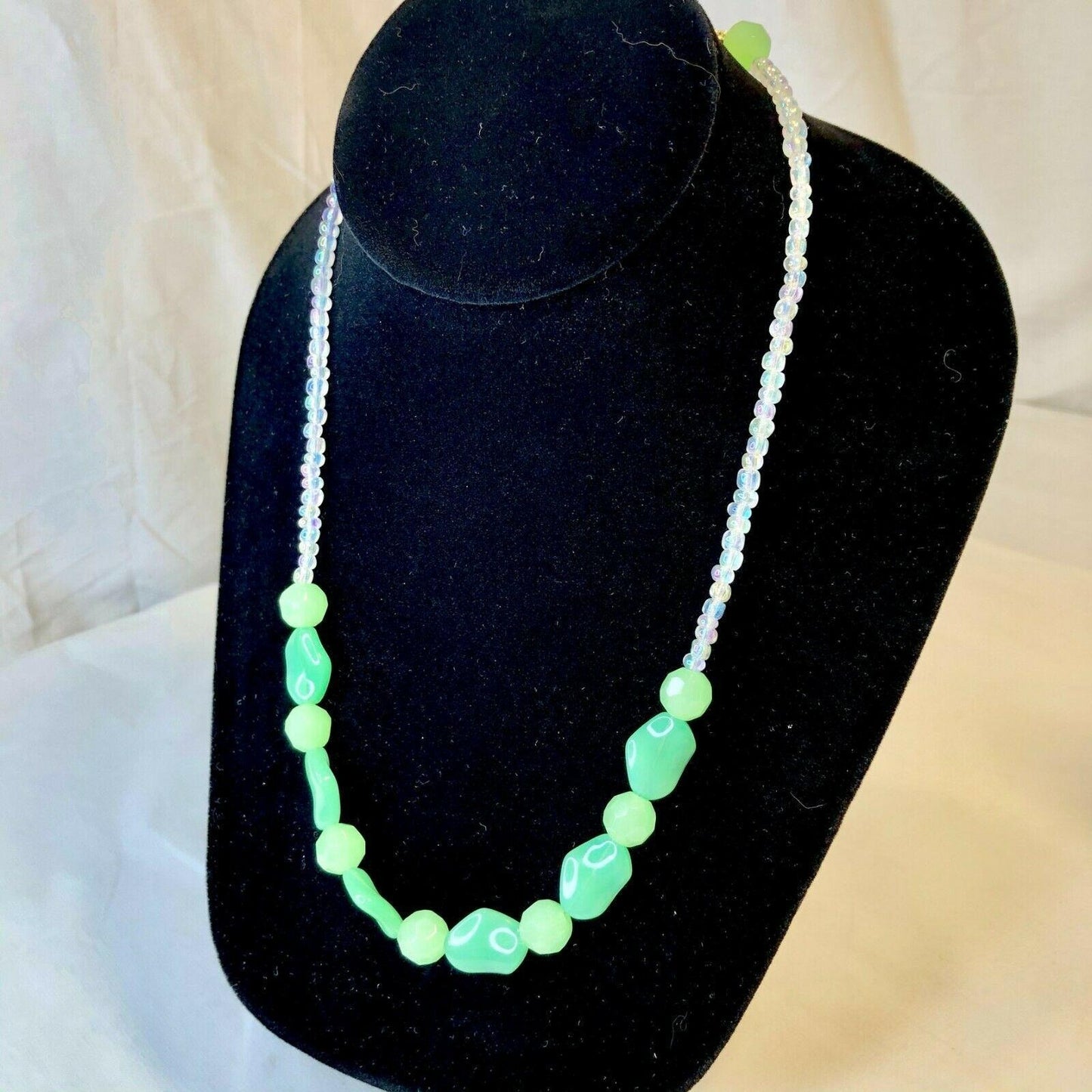 Handcrafted Beaded Necklace Green & Clear Beads Pop Spring Jewelry NEW