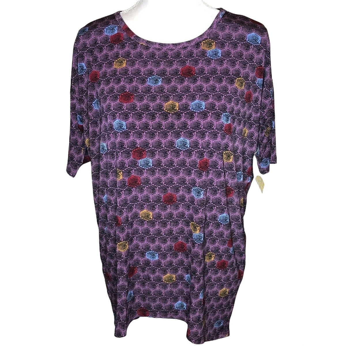 LuLaRoe Irma XXS Purple Geometric Print Short Sleeve Tunic Top Hi Low Hem