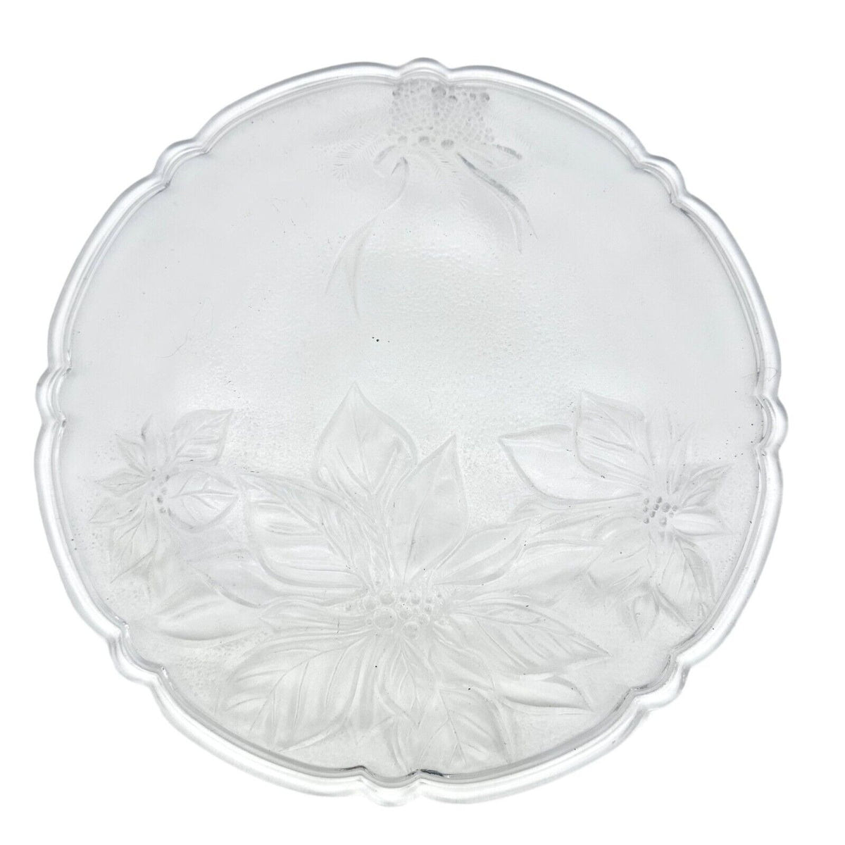 Vintage Serving Plate 13 inch Round Clear Etched Poinsettias