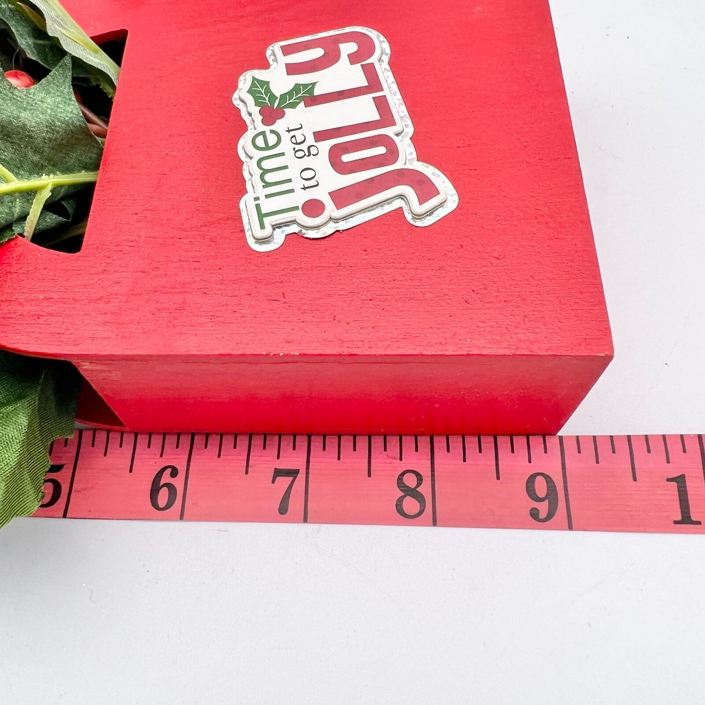 Handcrafted Wooden Box 9 x 7 Red with Holly Time to Get Jolly Christmas