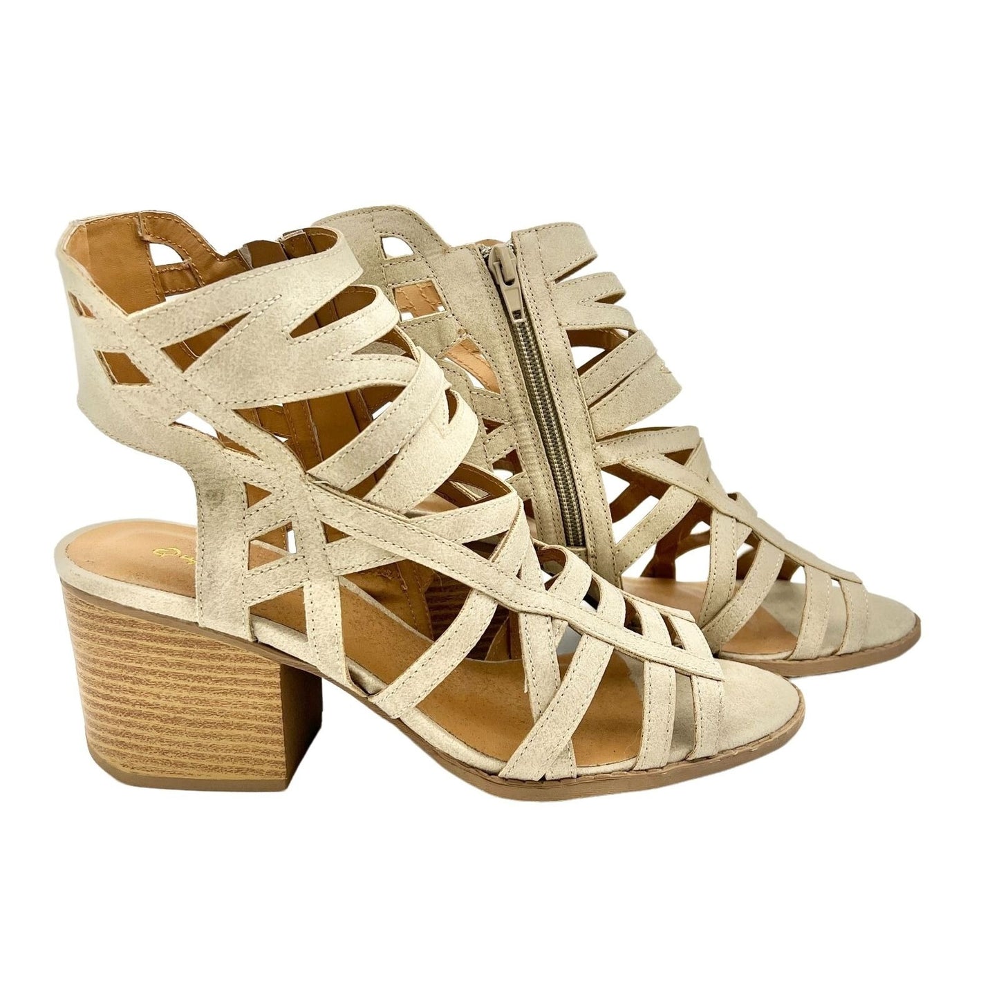 Qupid Women's Tan Strappy Ankle Open Toe Zip Side Sandals Size 10