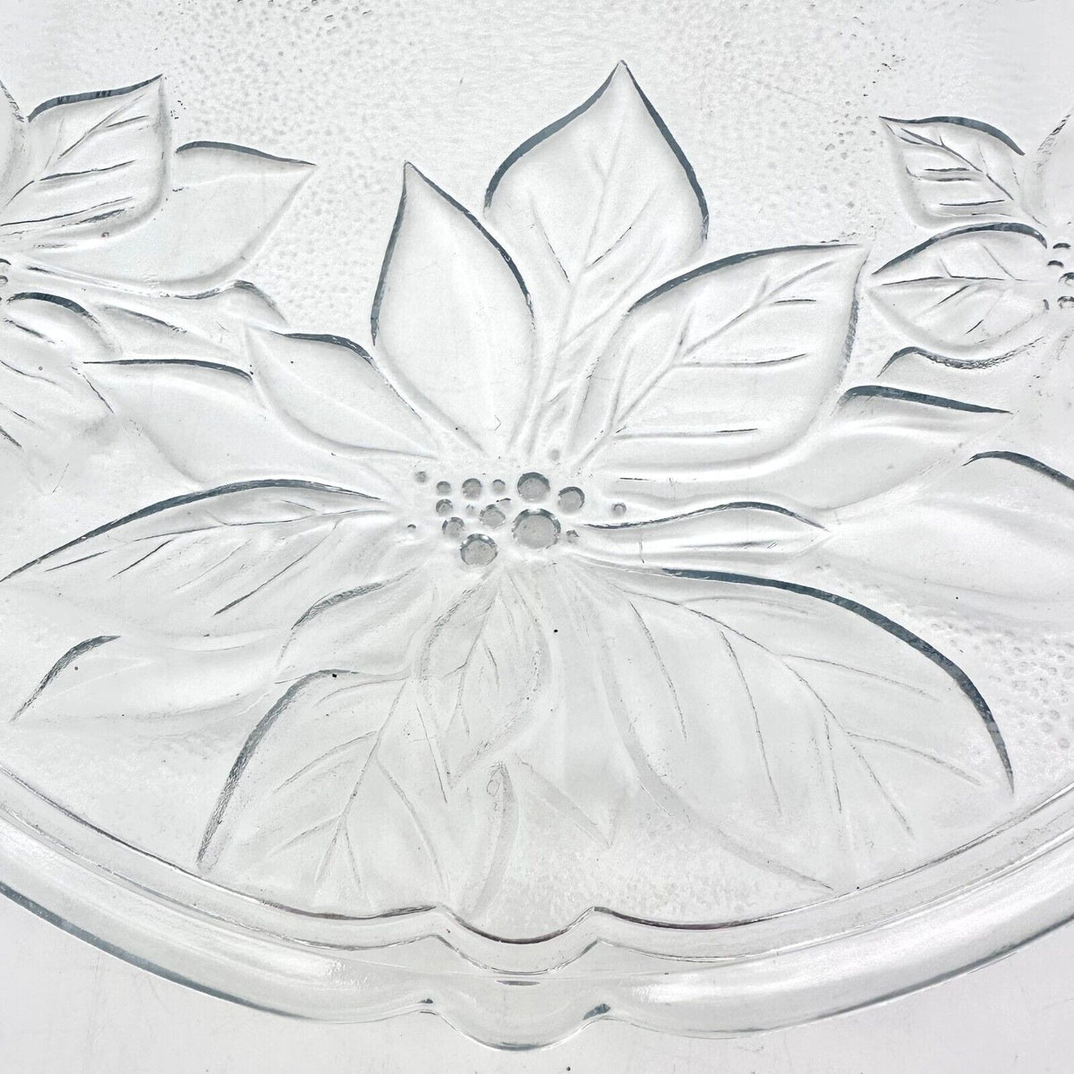 Vintage Serving Plate 13 inch Round Clear Etched Poinsettias